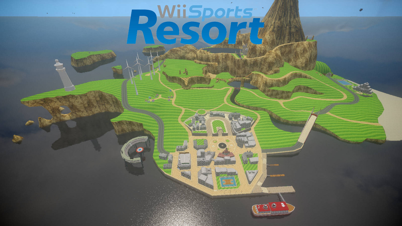 電玩遊戲 桌布 壁紙 — Wii Sports Resort 島嶼的鳥瞰圖，擁有綠色山丘、風力渦輪機和度假村建築，四周環繞著海洋。