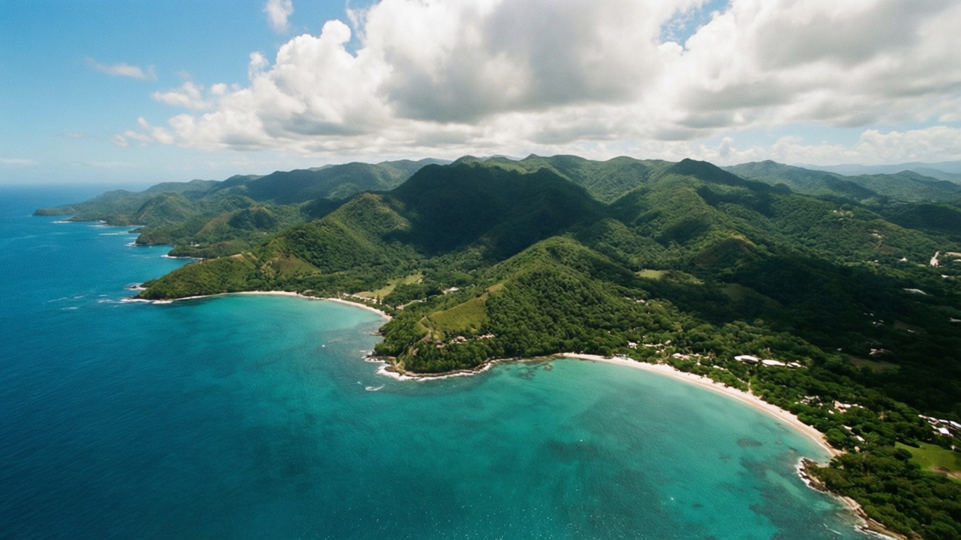 Puerto Rico Coastline Aerial 壁紙 — 熱帶海岸線的鳥瞰圖，碧綠的海水擁抱著白色沙灘，周圍是鬱鬱蔥蔥的綠色山脈，天空部分多雲。