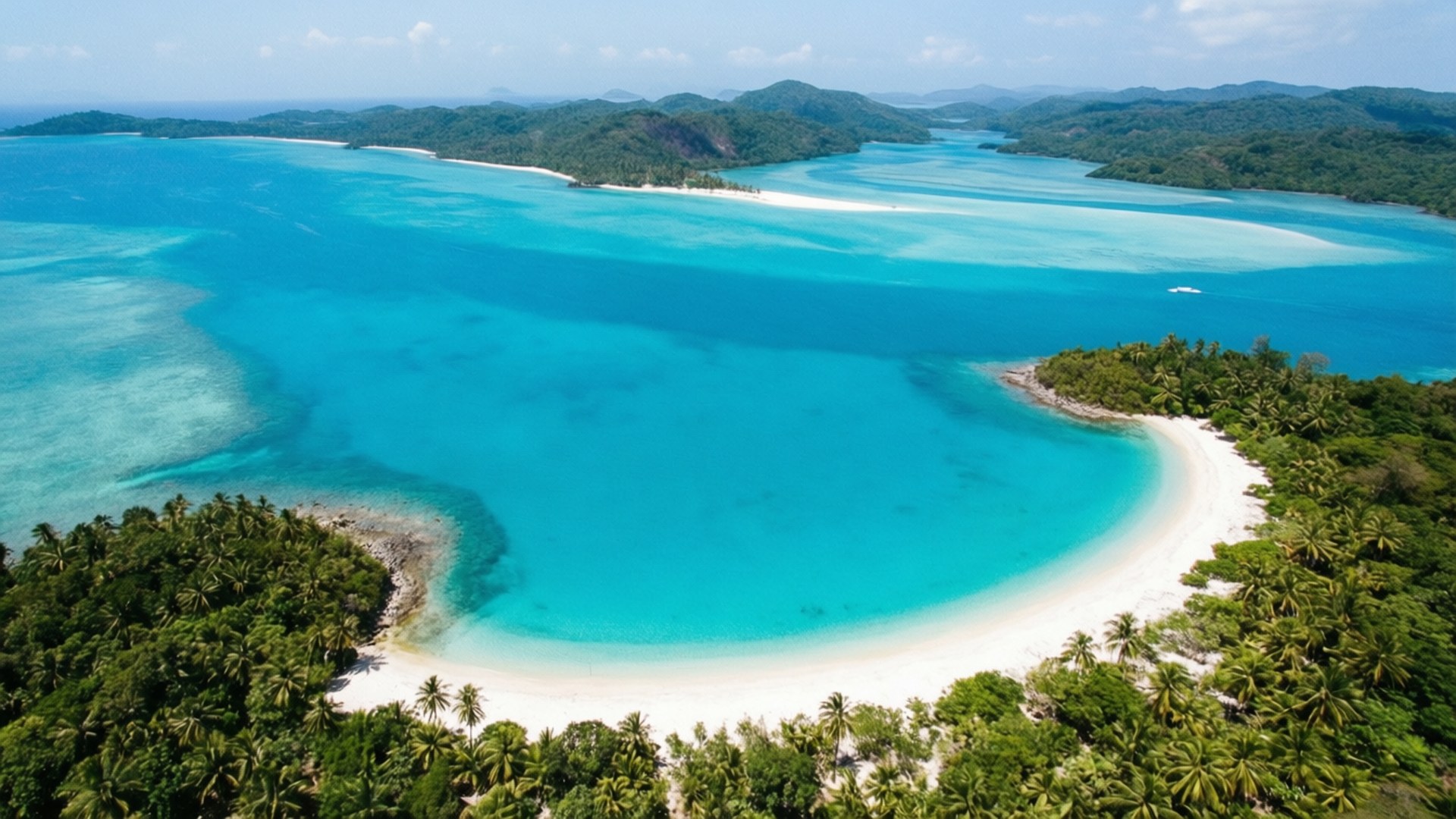 Periwinkle Lagoon Aerial 壁紙 — 從空中俯瞰熱帶天堂，有碧綠色的潟湖、白色沙灘和鬱鬱蔥蔥的綠色島嶼，在清澈的藍天下。