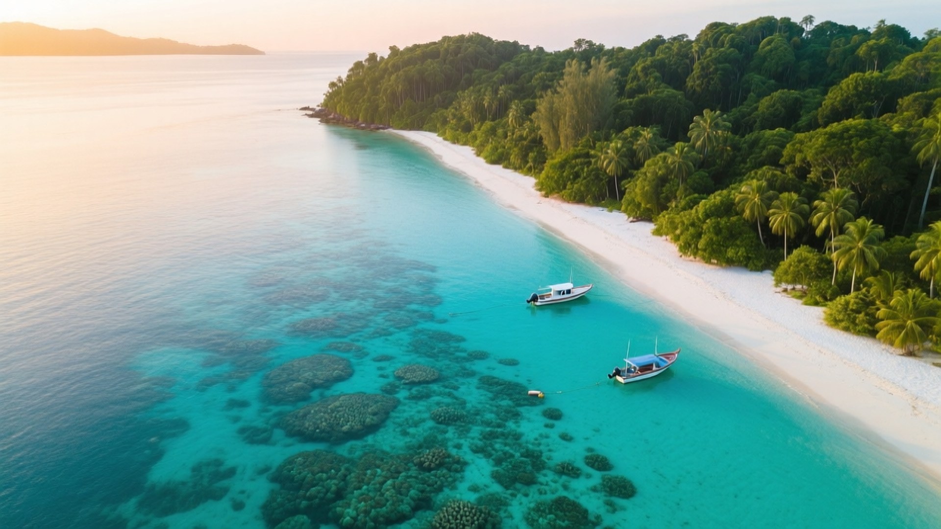 Perhentian Paradise 壁紙 — 鳥瞰圖：碧綠海水、珊瑚礁，以及兩艘船停泊在白色沙灘附近，沙灘上長滿茂密的綠色棕櫚樹。