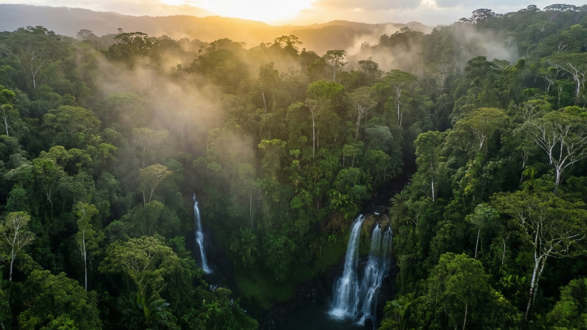 Misty El Yunque Sunrise 壁紙 — 雙子瀑布穿過茂密的翡翠叢林傾瀉而下的鳥瞰圖，金色日出光線穿過霧氣繚繞的山脈。