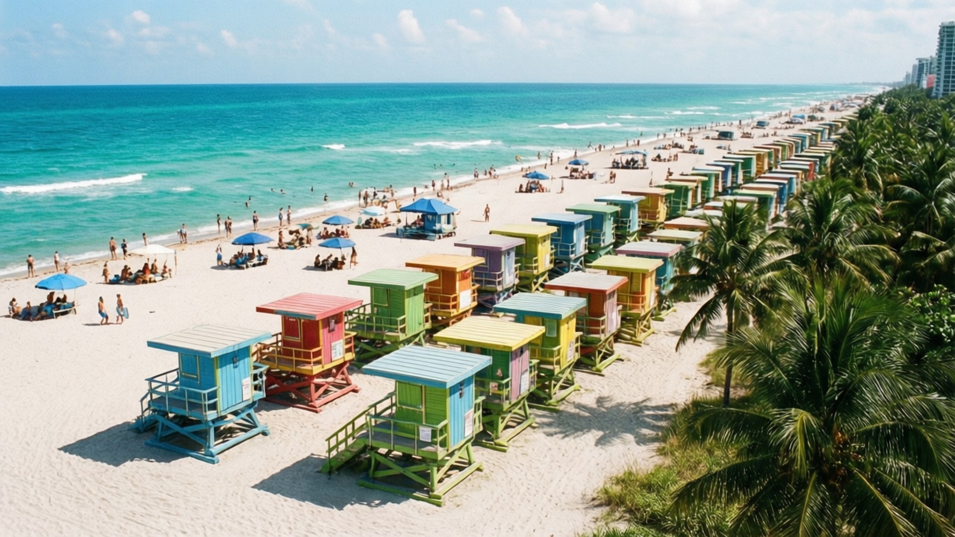 Miami Beach Colorful 壁紙 — 充滿活力的彩虹色救生站排列在熱鬧的沙灘上，伴隨著碧綠的海浪和棕櫚樹的鳥瞰圖。