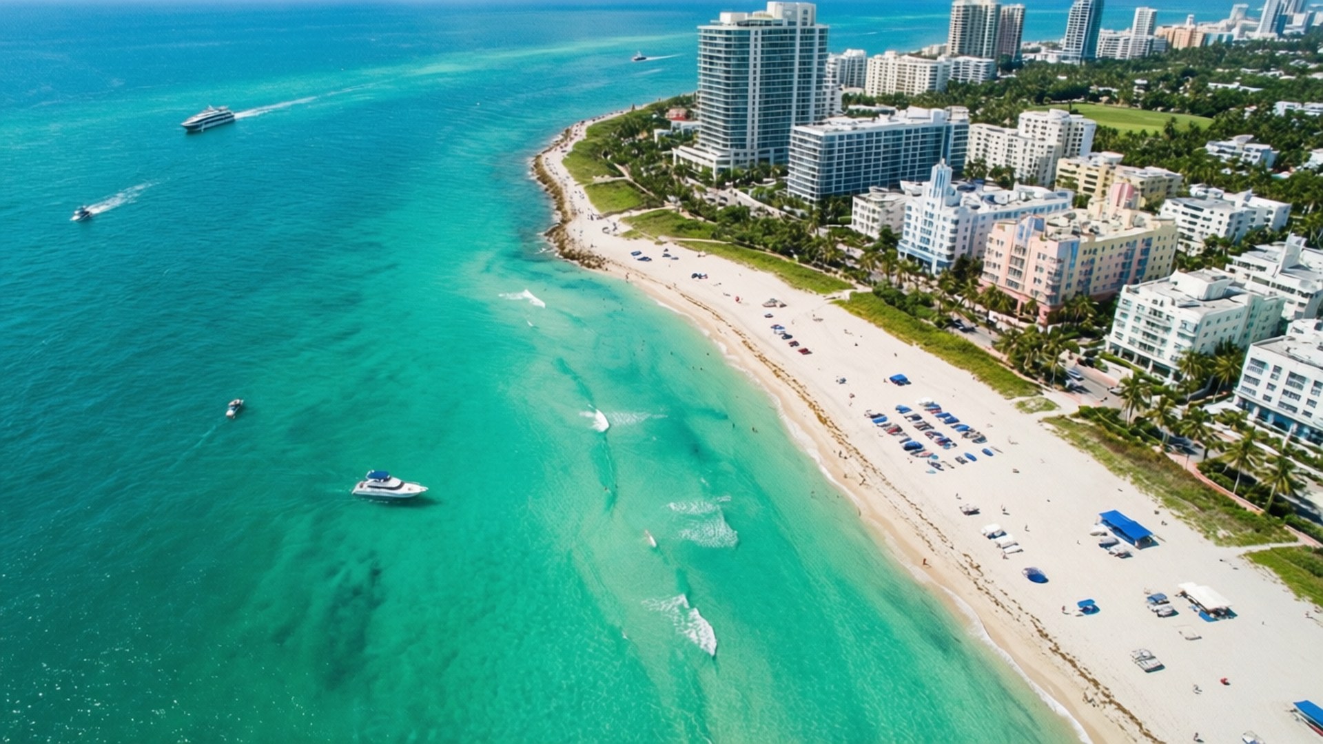 Miami Beach Aerial 壁紙 — 充滿活力的碧綠海岸線鳥瞰圖，擁有豪華酒店、棕櫚樹和沿著海岸航行的船隻。