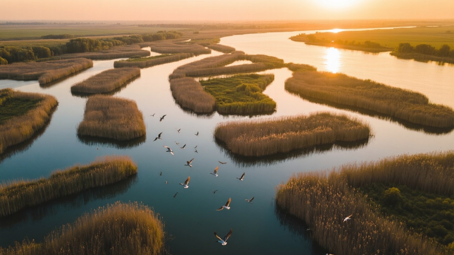 Danube Delta Serenity 壁紙 — 金色日落時分，鳥兒飛越蘆葦島嶼，蜿蜒河流航道的鳥瞰圖。