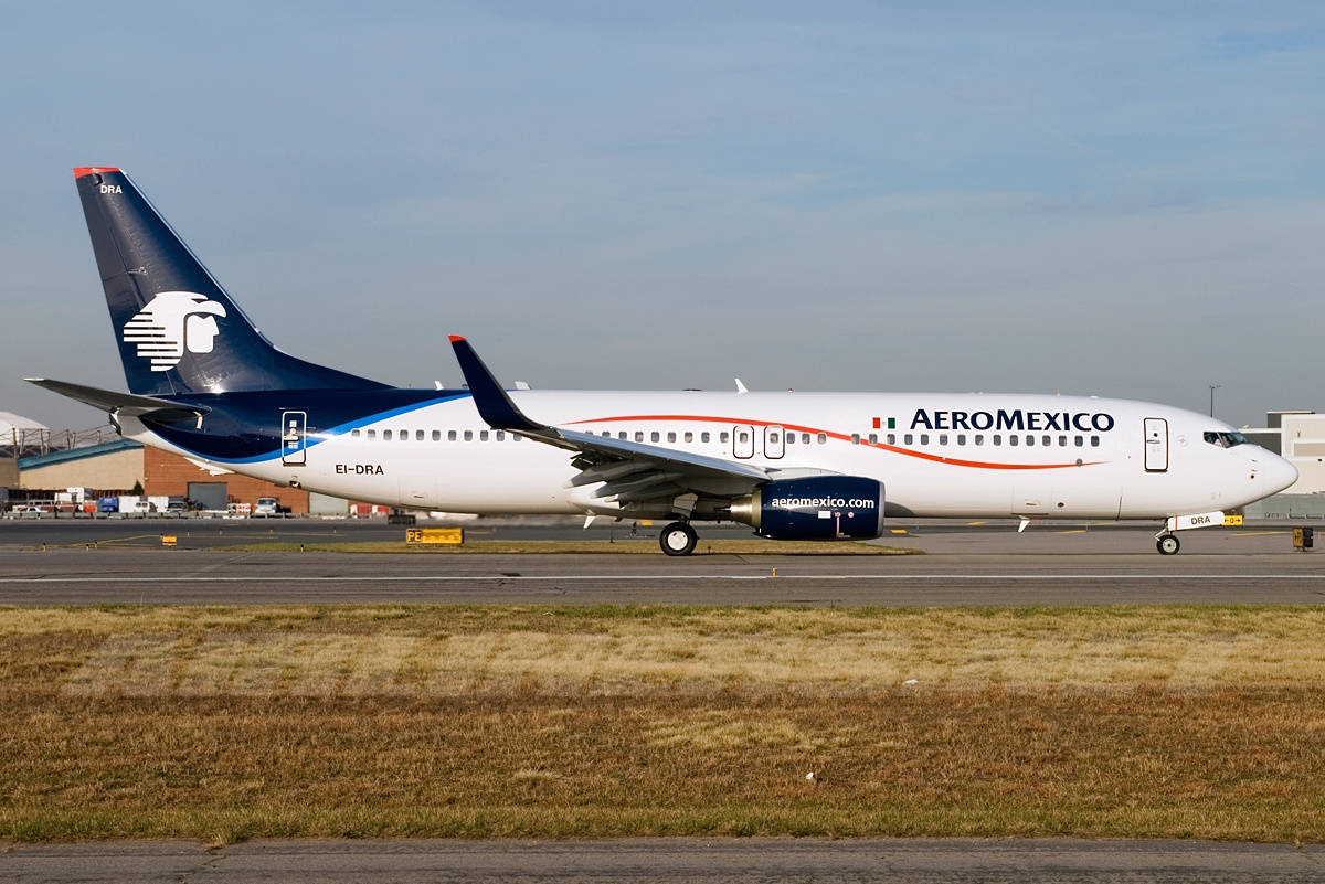 Airport 桌布 壁紙 — Aeromexico 波音 737 在停機坪上，藍色尾翼和白色機身，天空晴朗。