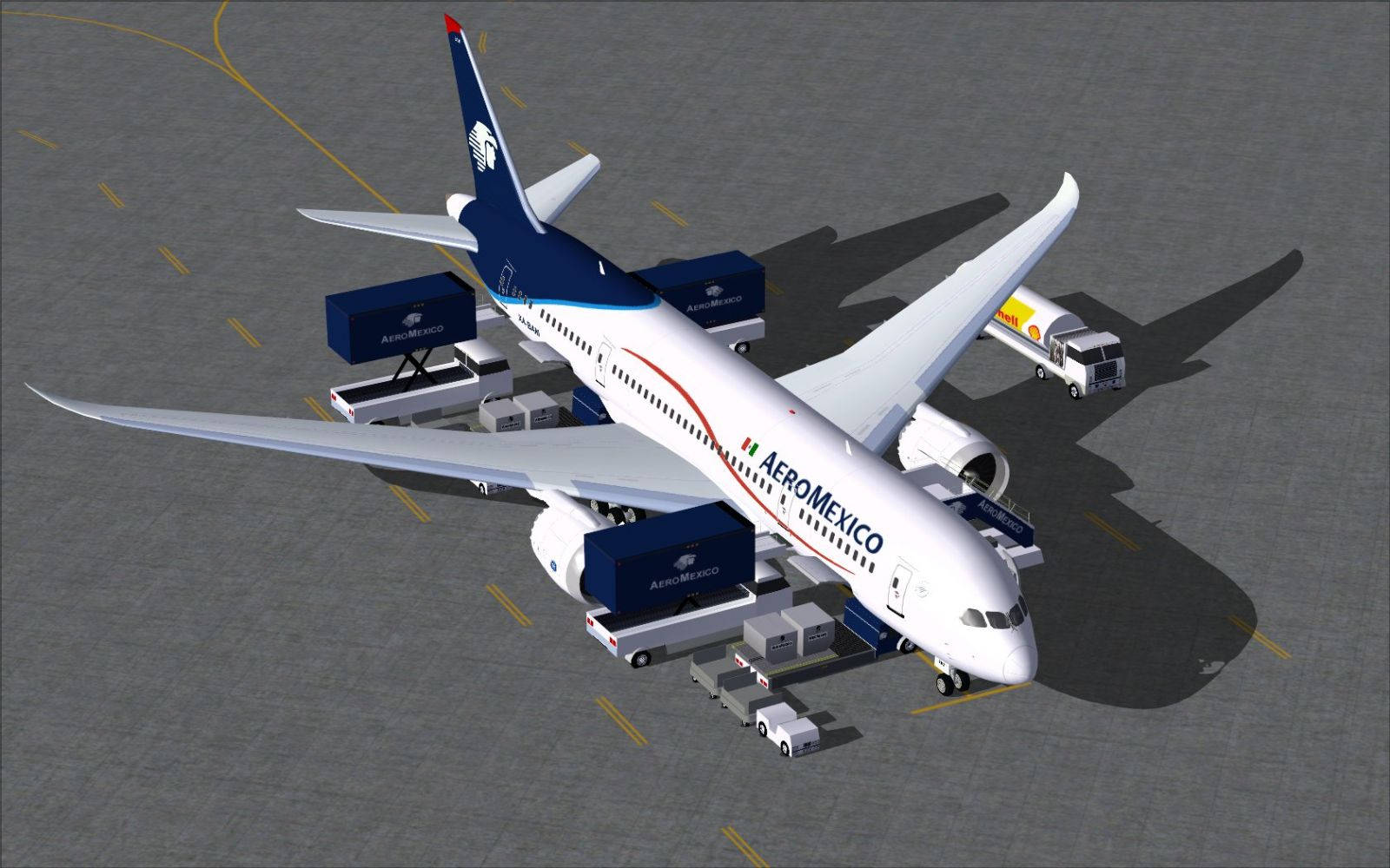Airport 桌布 壁紙 — Aeromexico 波音 787 停泊在登機門，裝卸車和加油車在停機坪上，陽光普照。