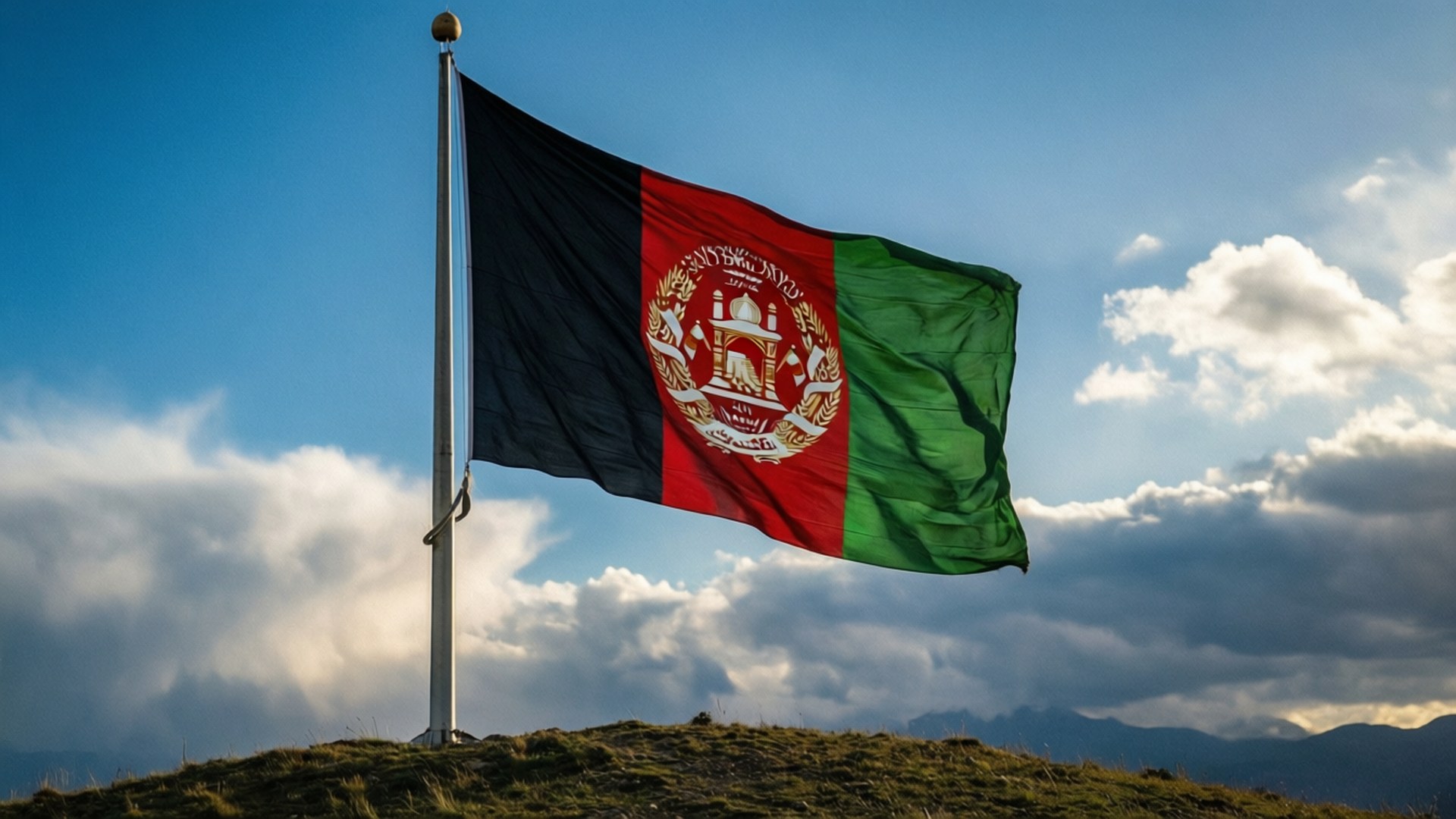 Flag of Hope 壁紙 — 阿富汗國旗在長滿草的山丘上自豪地飄揚，背景是戲劇性的藍天和散落的雲朵。