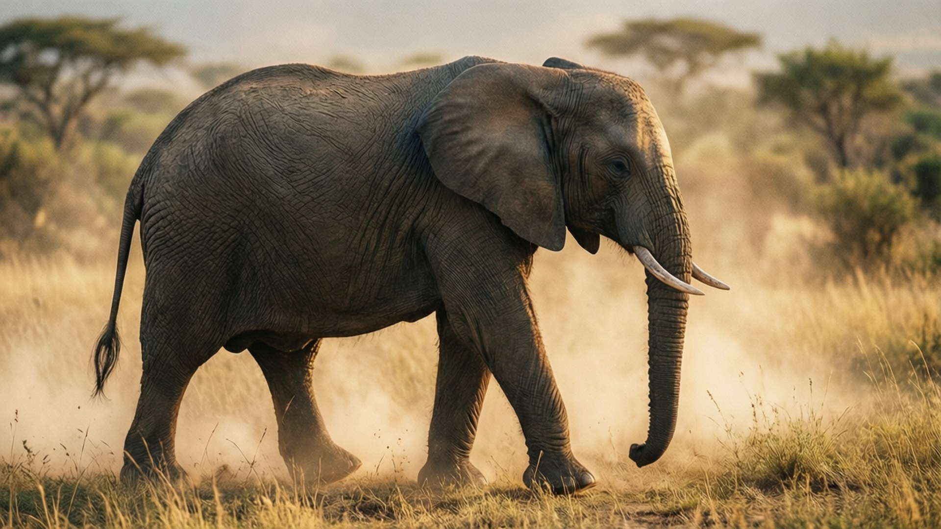 Grey Elephant Savanna 壁紙 — 一頭雄偉的非洲大象穿過金色的草地，在陽光明媚的稀樹草原上揚起灰塵。