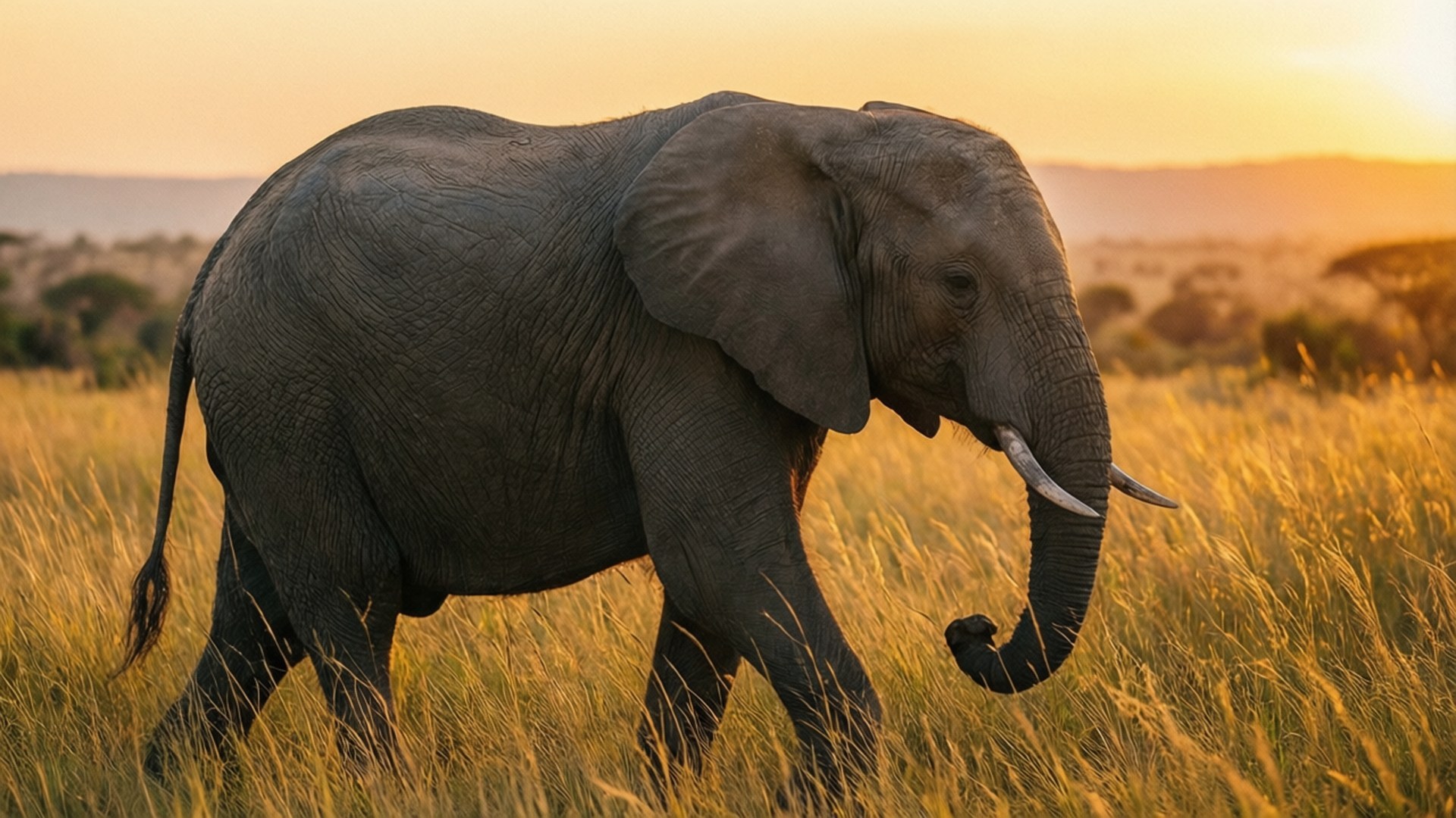 Gray Elephant Sunset Safari 壁紙 — 一頭雄偉的非洲大象，有大耳朵和象牙，在日落時分穿過高高的金色草地。
