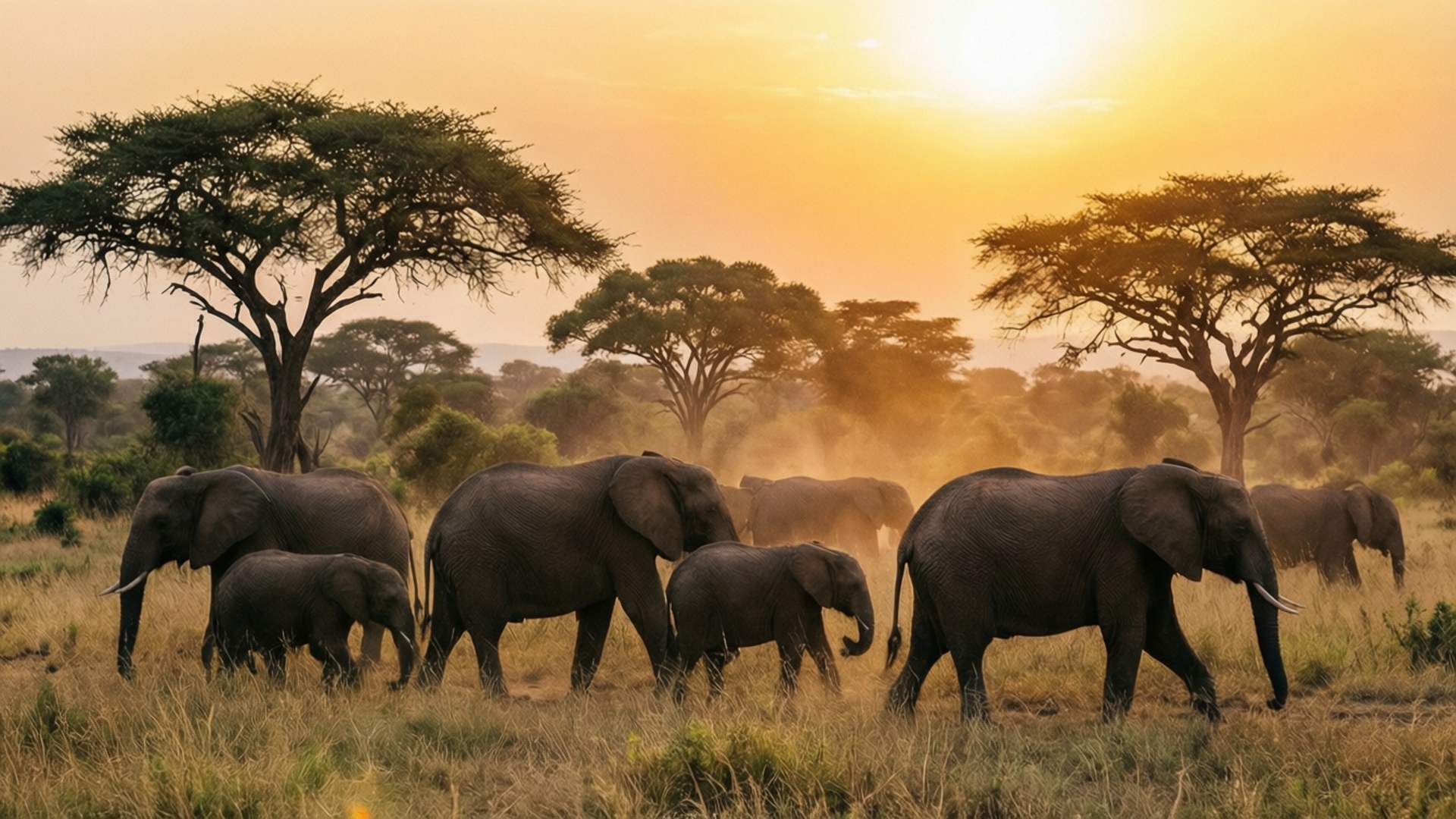 Mole National Park Elephants 壁紙 — 非洲大象在日落時走過金色草原，金合歡樹在溫暖的橙色天空下形成剪影。