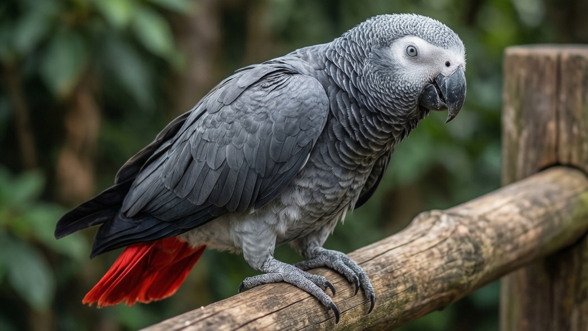 Grey Parrot Portrait 壁紙 — 非洲灰鸚鵡棲息在風化的木欄杆上，鮮紅色的尾羽在模糊的綠色樹葉背景下格外醒目。