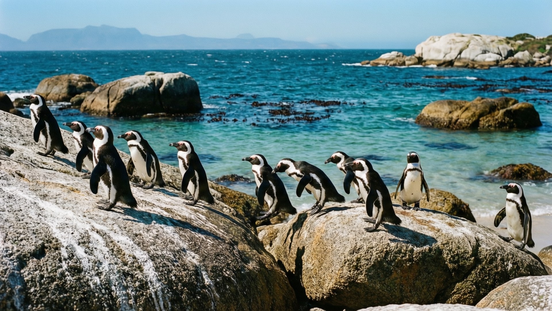 Penguins at Boulders Beach 壁紙 — 一排非洲企鵝站在陽光照耀的海岸岩石上，旁邊是碧綠的海水，遠山在清澈的藍天下。