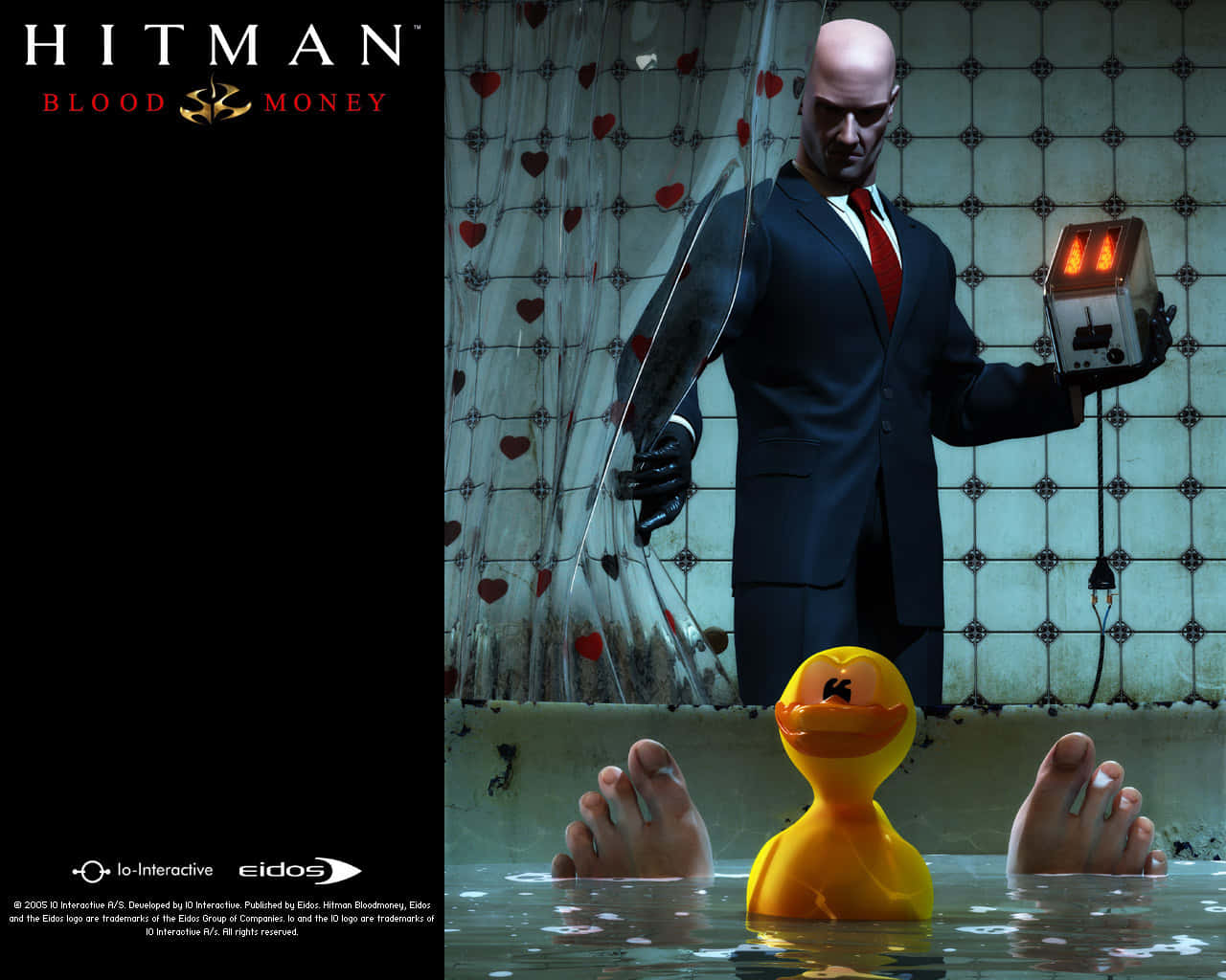 Hitman 2 桌布 壁紙 — Agent 47 在血淋淋的浴缸中，手持一個裝置，水中有橡膠鴨和腳。