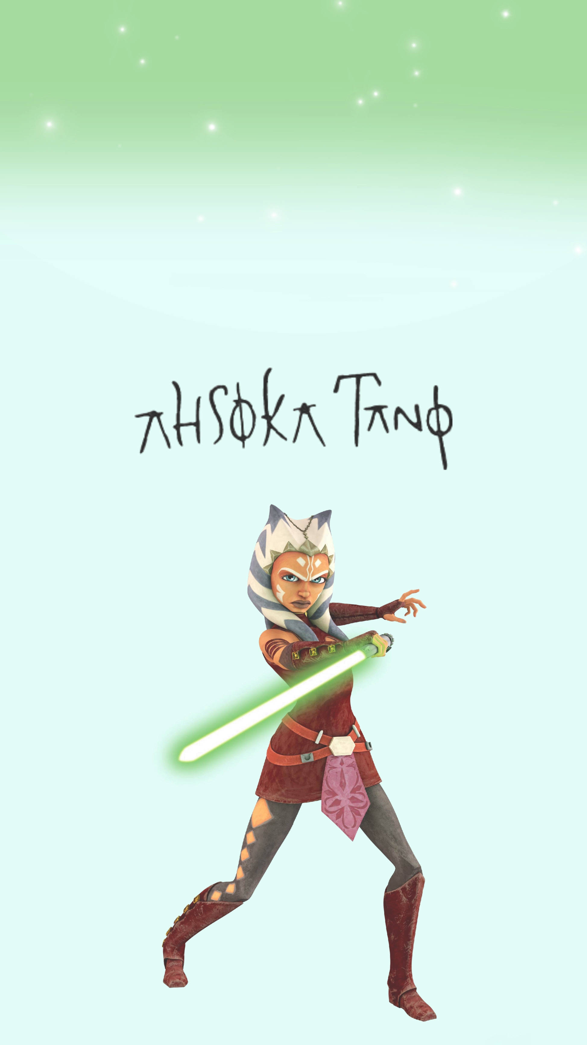 Animated 桌布 壁紙 — Ahsoka Tano 以動感姿勢揮舞綠色光劍，背景為柔和漸變色及漂浮星星。