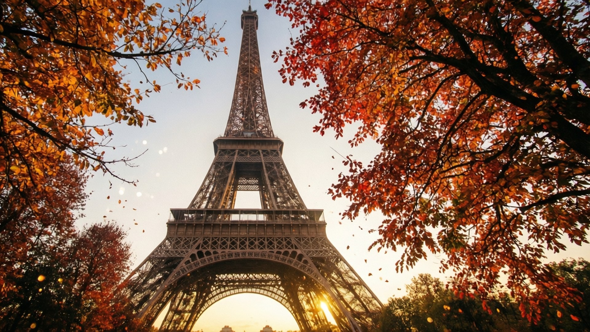 Autumn at the Eiffel 壁紙 — 艾菲爾鐵塔高聳矗立，被在金色日落光芒中閃耀的鮮豔秋葉環繞。