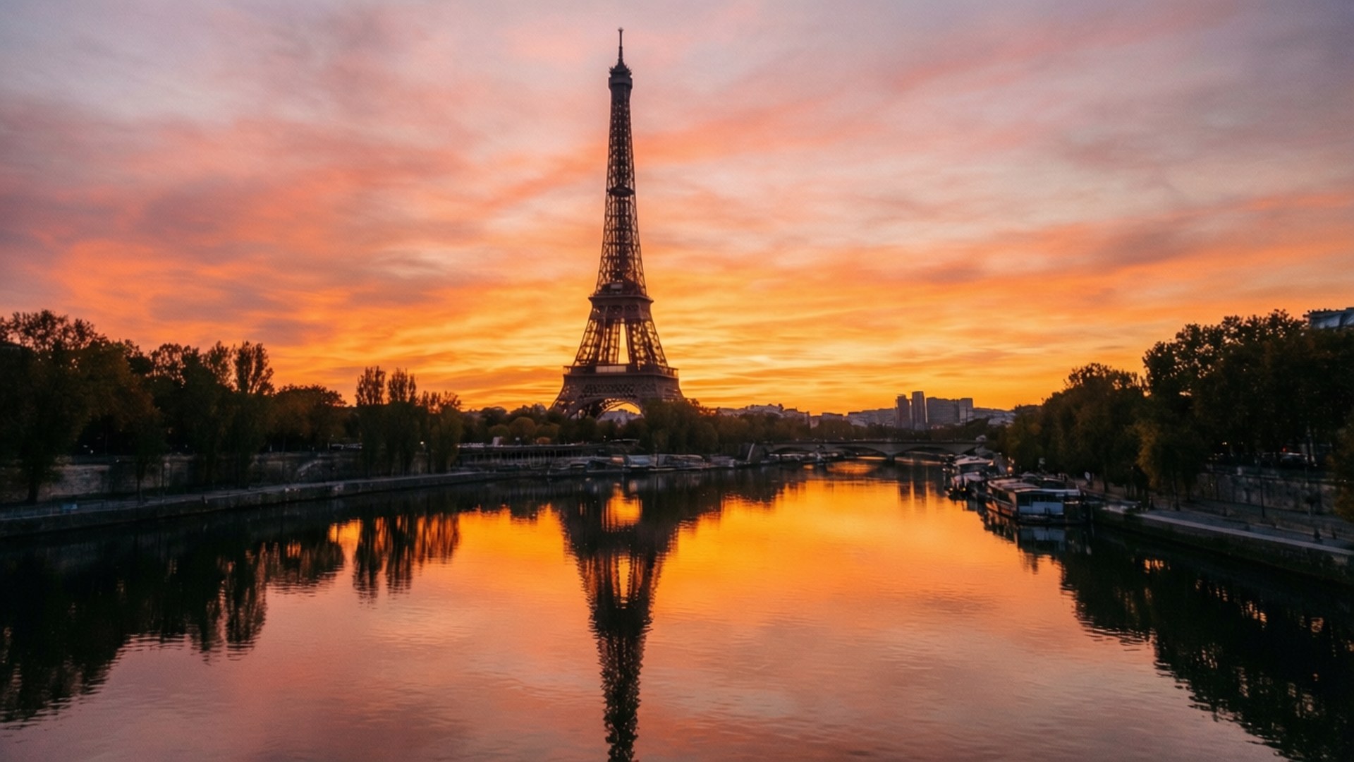 Seine Sunset Reflection 壁紙 — 艾菲爾鐵塔高聳入雲，映襯著火紅的夕陽天空，其倒影在下方平靜的塞納河中閃爍。