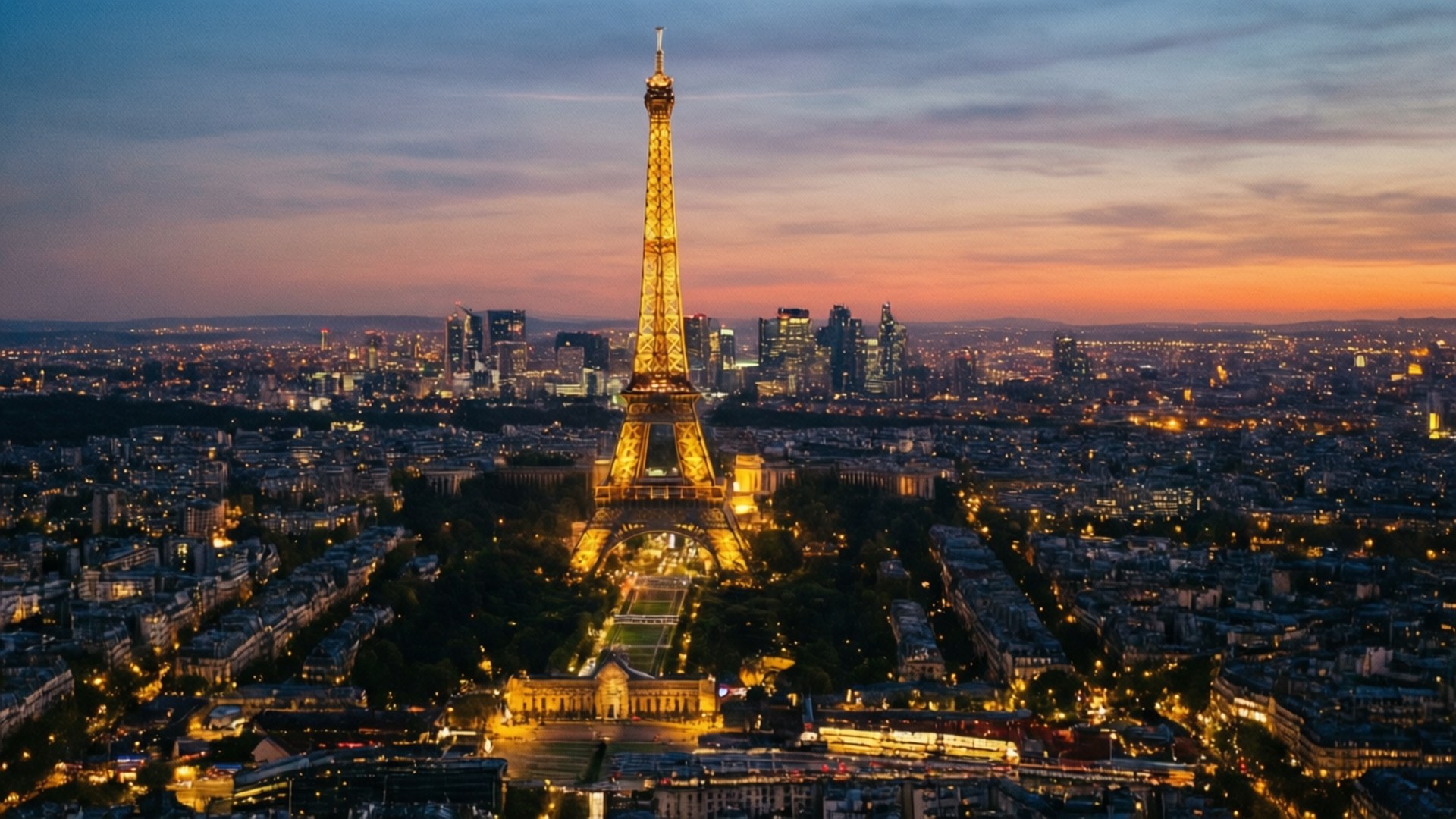 Dusk Over Paris 壁紙 — 艾菲爾鐵塔在暮色天空下閃耀金色光芒，巴黎的燈光在下方城市景觀中閃爍。