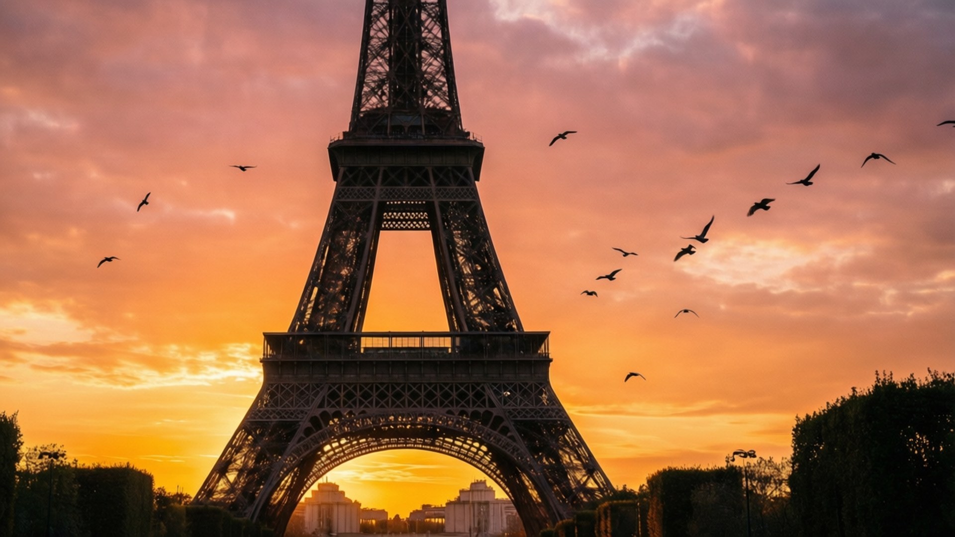 Golden Sunset at Eiffel 壁紙 — 艾菲爾鐵塔在火紅的日落天空襯托下呈現剪影，鳥兒在頭頂上空成群飛過。