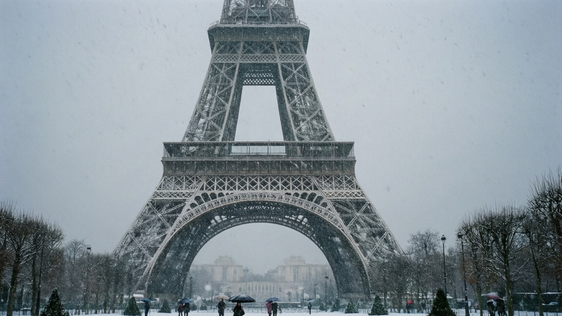 Snowy Eiffel Tower Winter 壁紙 — 艾菲爾鐵塔在雪天下高聳，人們撐著傘走過白雪覆蓋的公園。