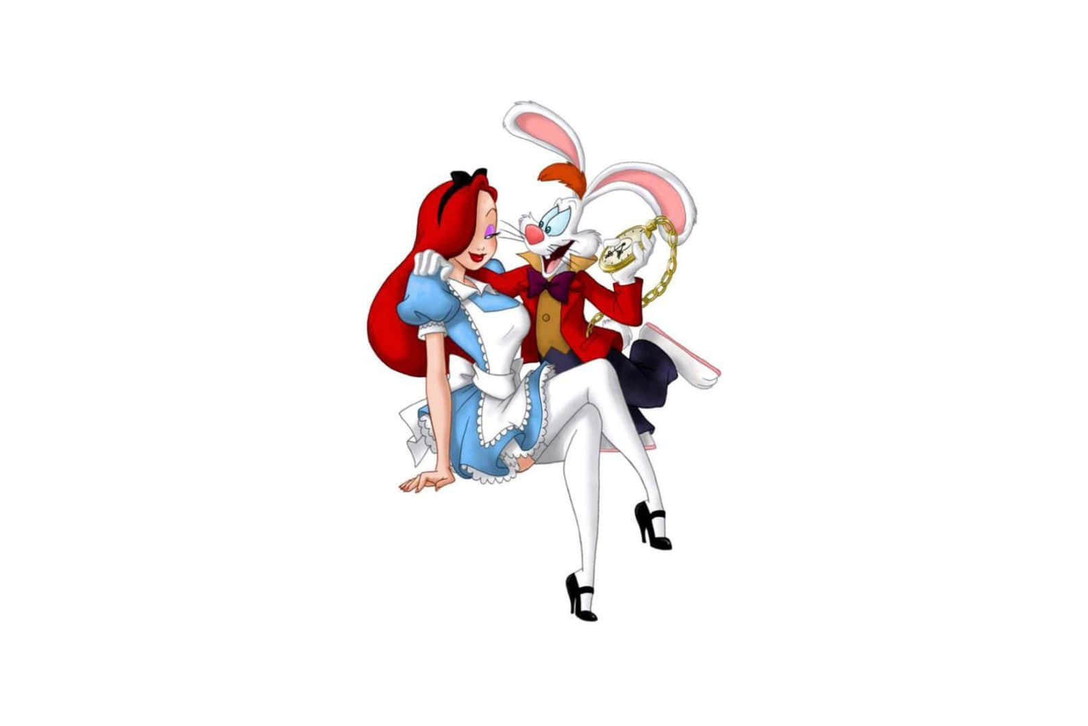  壁紙 — 愛麗絲夢遊仙境角色，白兔拿著懷錶，以俏皮姿勢站在純白背景前。