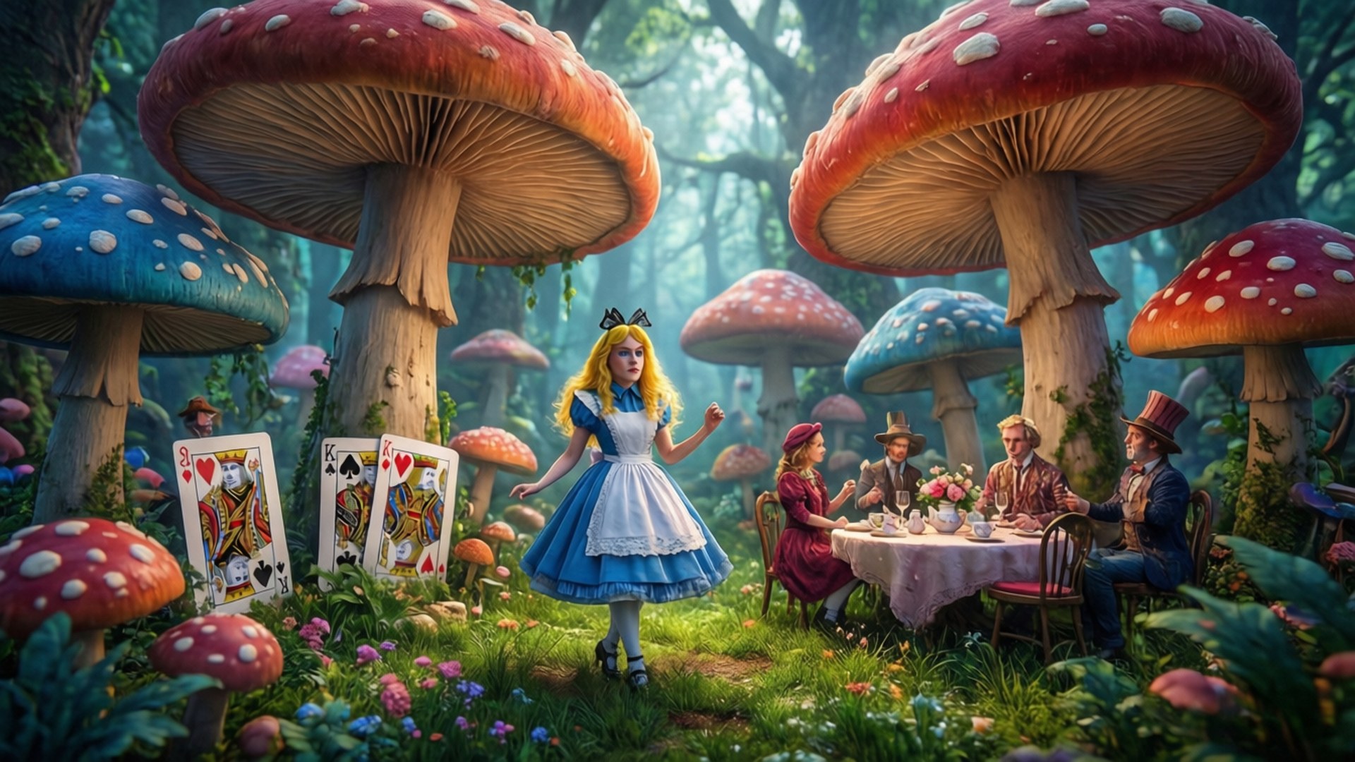 Wonderland Tea Party 壁紙 — 愛麗絲夢遊仙境站在一個奇幻的森林中，有巨大的紅色和藍色蘑菇，紅衣主教和茶會客人圍坐在桌子旁。