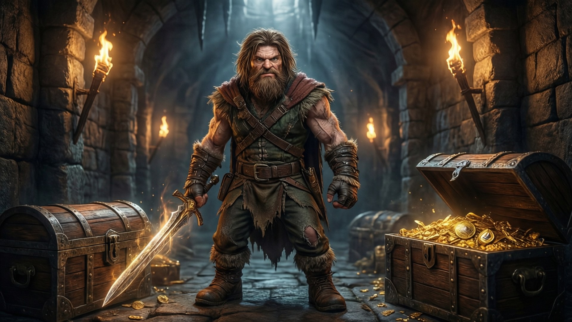 Dungeon Crawler Carl 桌布 壁紙 — 一位留鬍鬚的矮人戰士站在石製地牢中，手持發光劍，旁邊是被火炬照亮的寶箱。