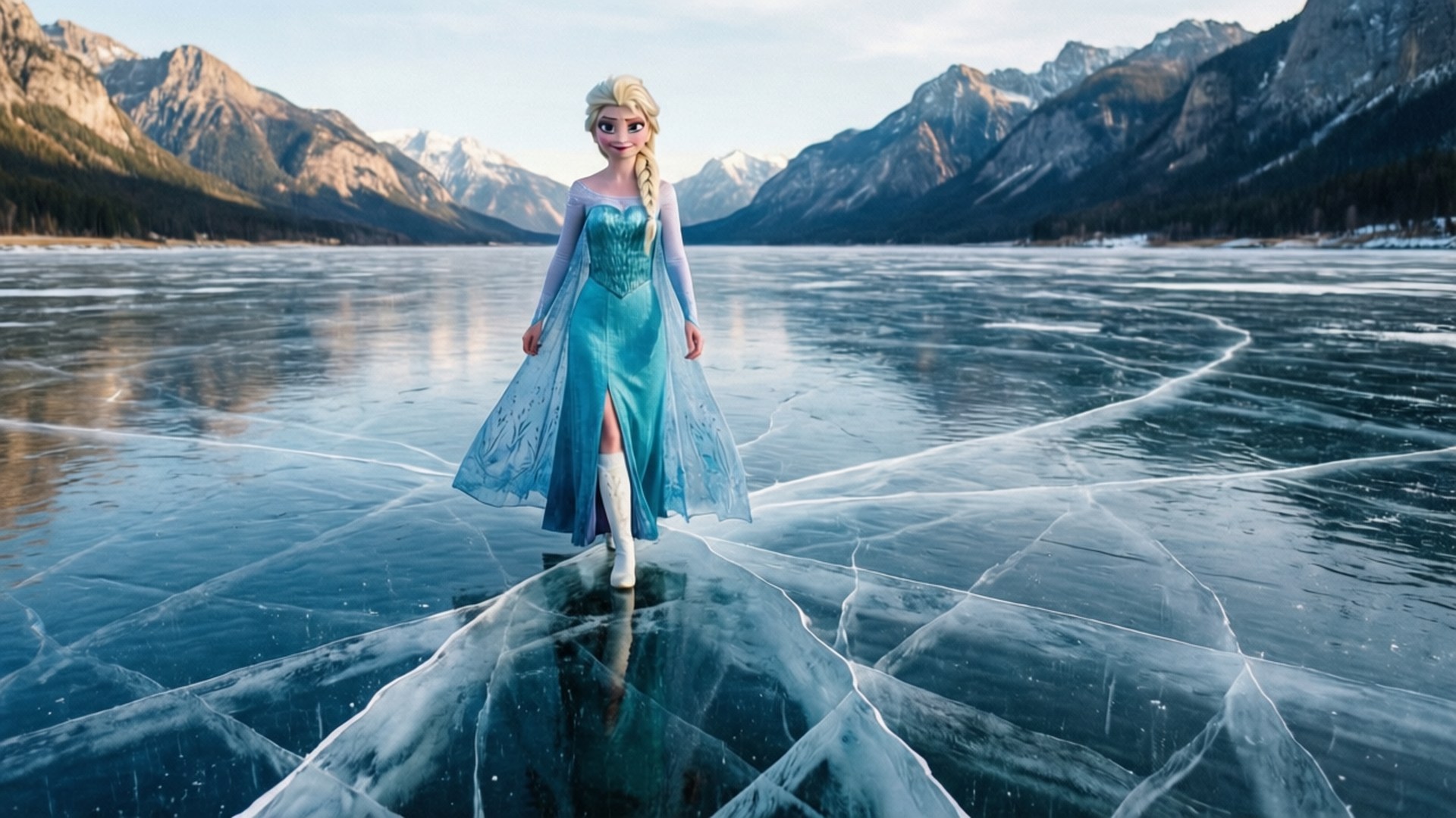 Walking on Frozen Lake 壁紙 — 艾莎穿著她的冰裙獨自站在一個裂開的冰凍湖面上，背景是積雪覆蓋的山脈。