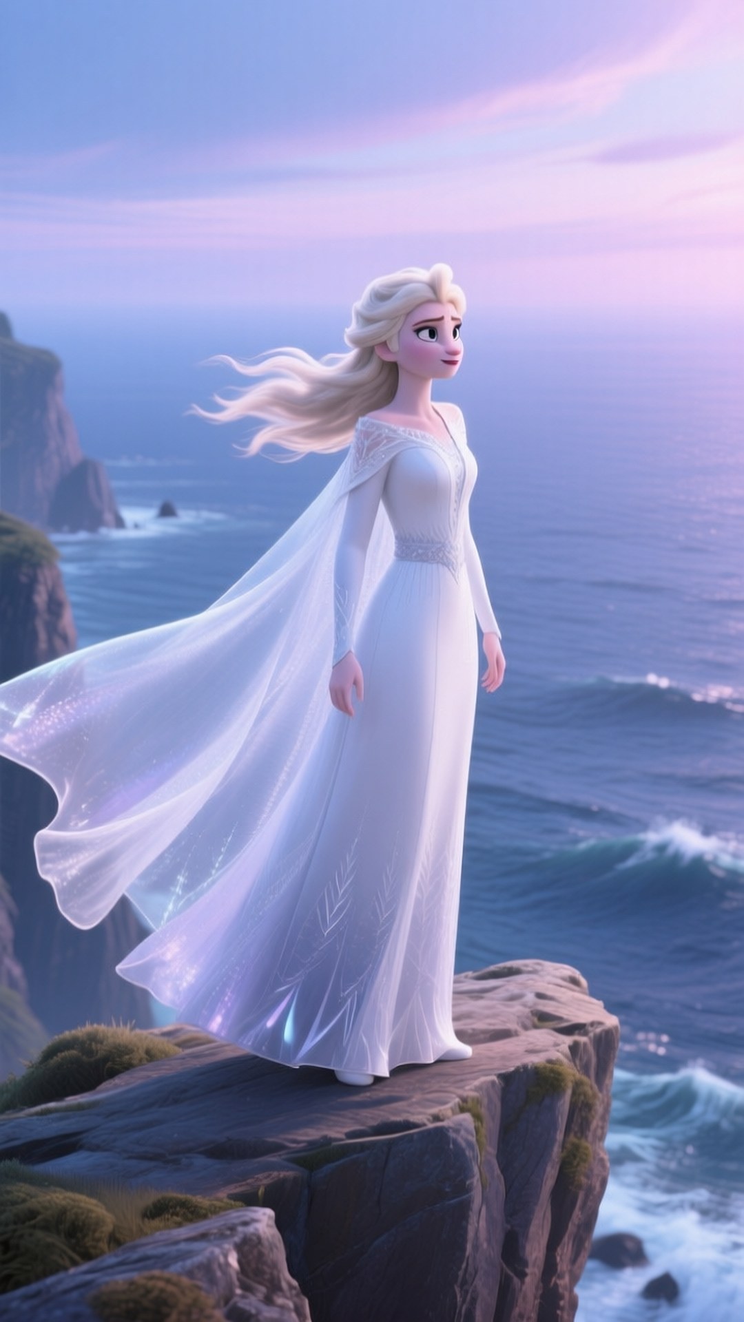 Spirit of the Wind 壁紙 — 艾莎獨自站在懸崖邊，身穿飄逸的白色長裙，下方海浪拍打，背景是紫色的暮色天空。