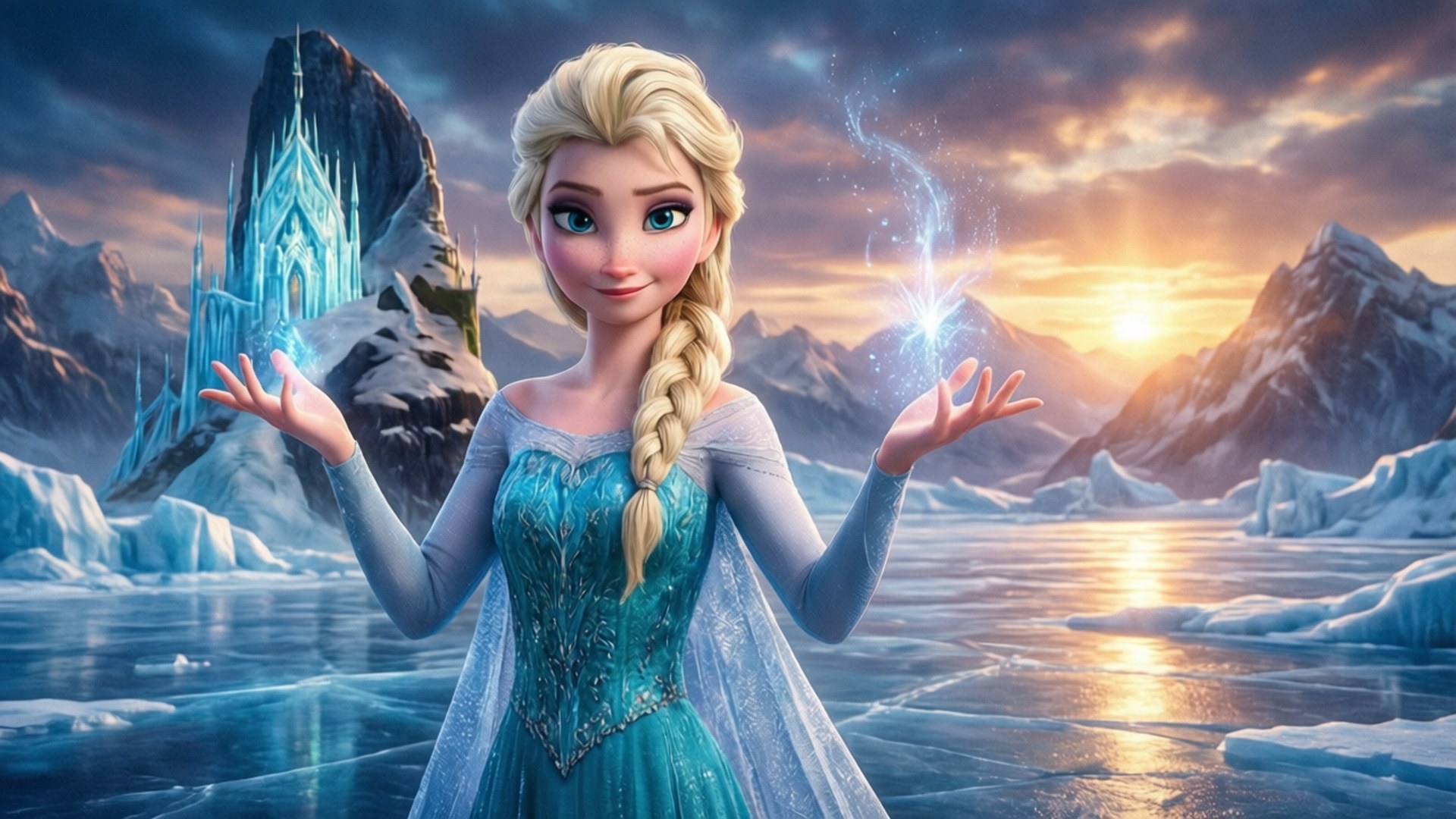 Elsa at Sunset Fjord 壁紙 — 艾莎站在冰水上，雙手施展魔法，她的冰城堡在夕陽天空的映襯下在她身後閃耀。
