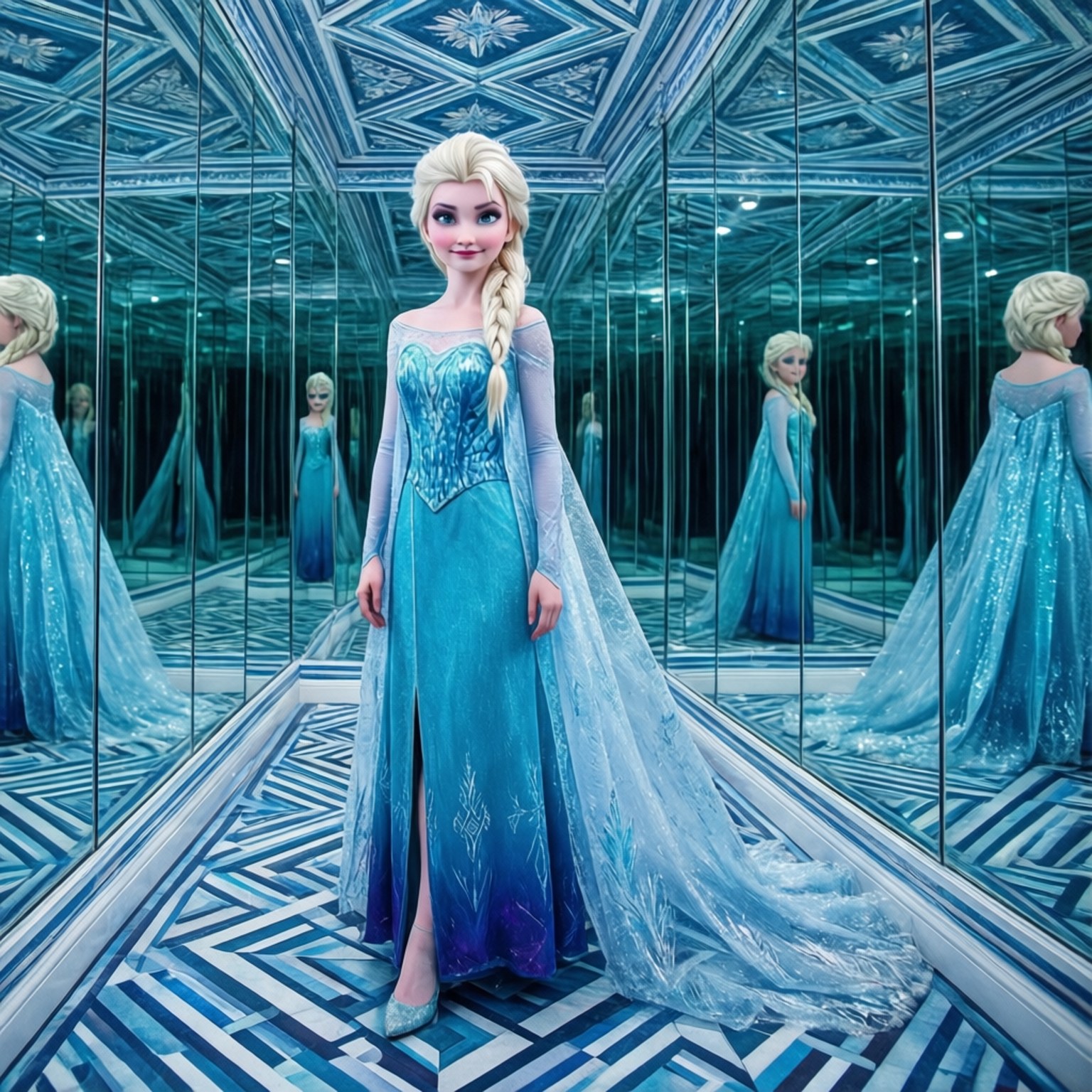 Hall of Mirrors 壁紙 — 艾莎站在鏡子走廊，身穿閃爍的藍色冰紋長裙，周圍反射出多重影像。