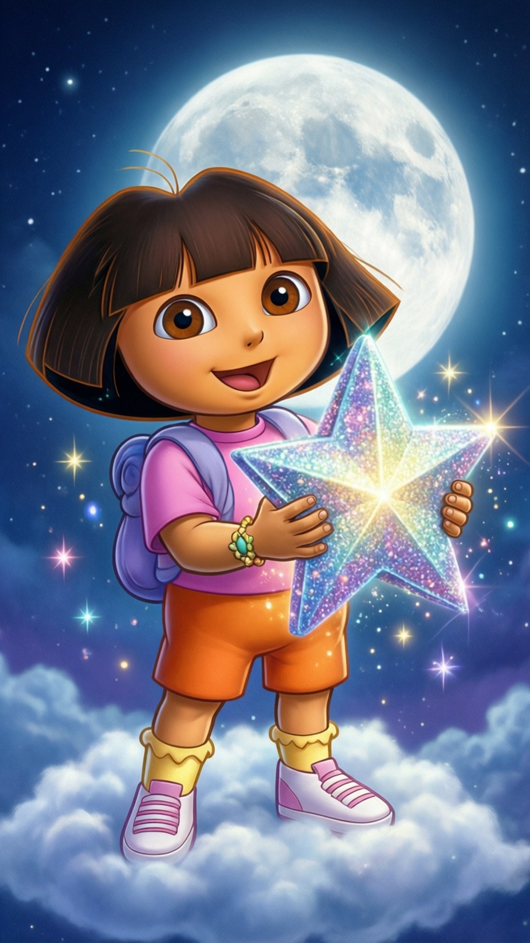Starry Night Dora 壁紙 — 愛探險的Dora站在蓬鬆的雲朵上，在巨大的月光天空下拿著一顆閃爍的星星。