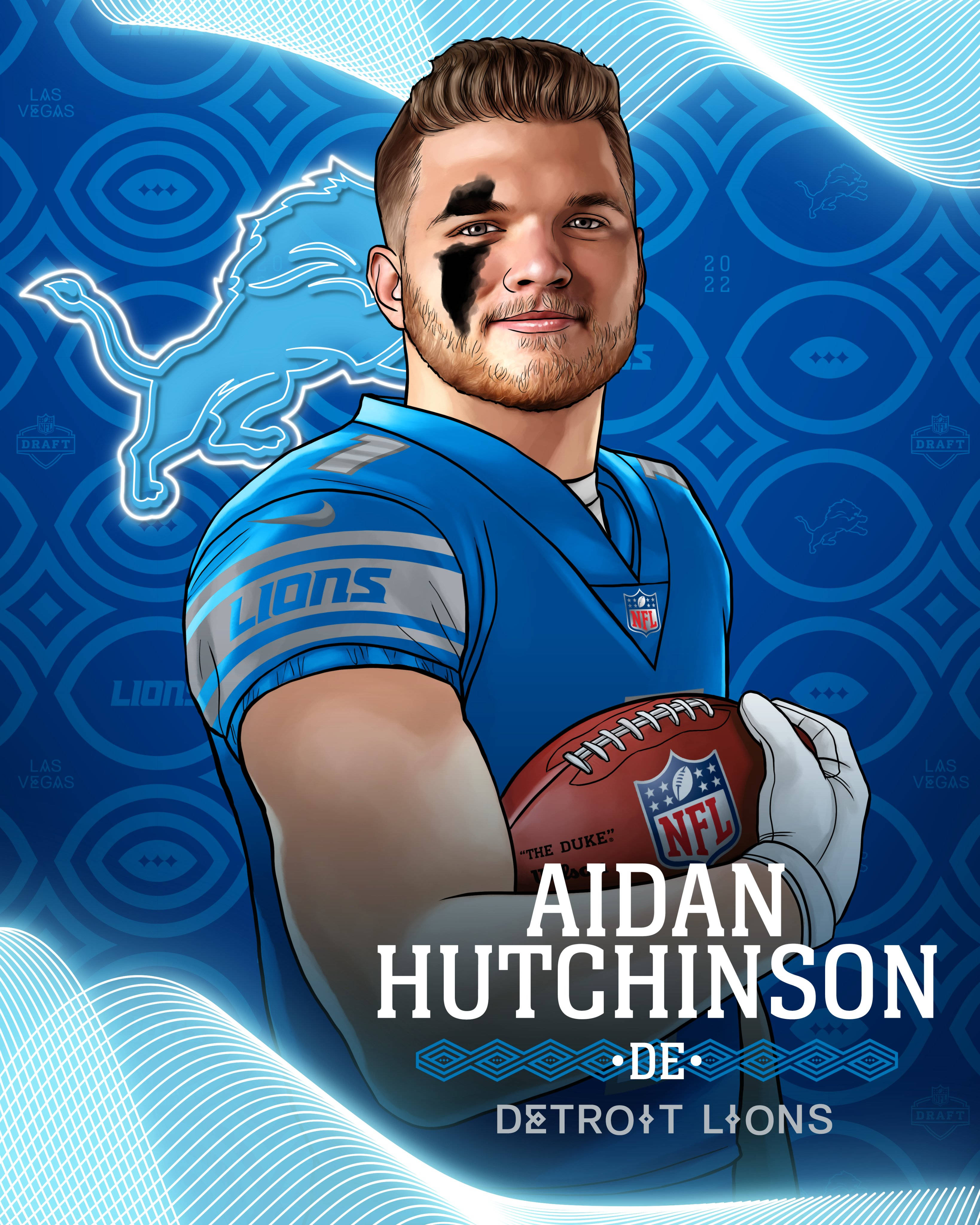 Detroit Lions 桌布 壁紙 — Aidan Hutchinson 身穿底特律雄獅隊制服，在帶有球隊標誌的藍色圖案背景前手持橄欖球。