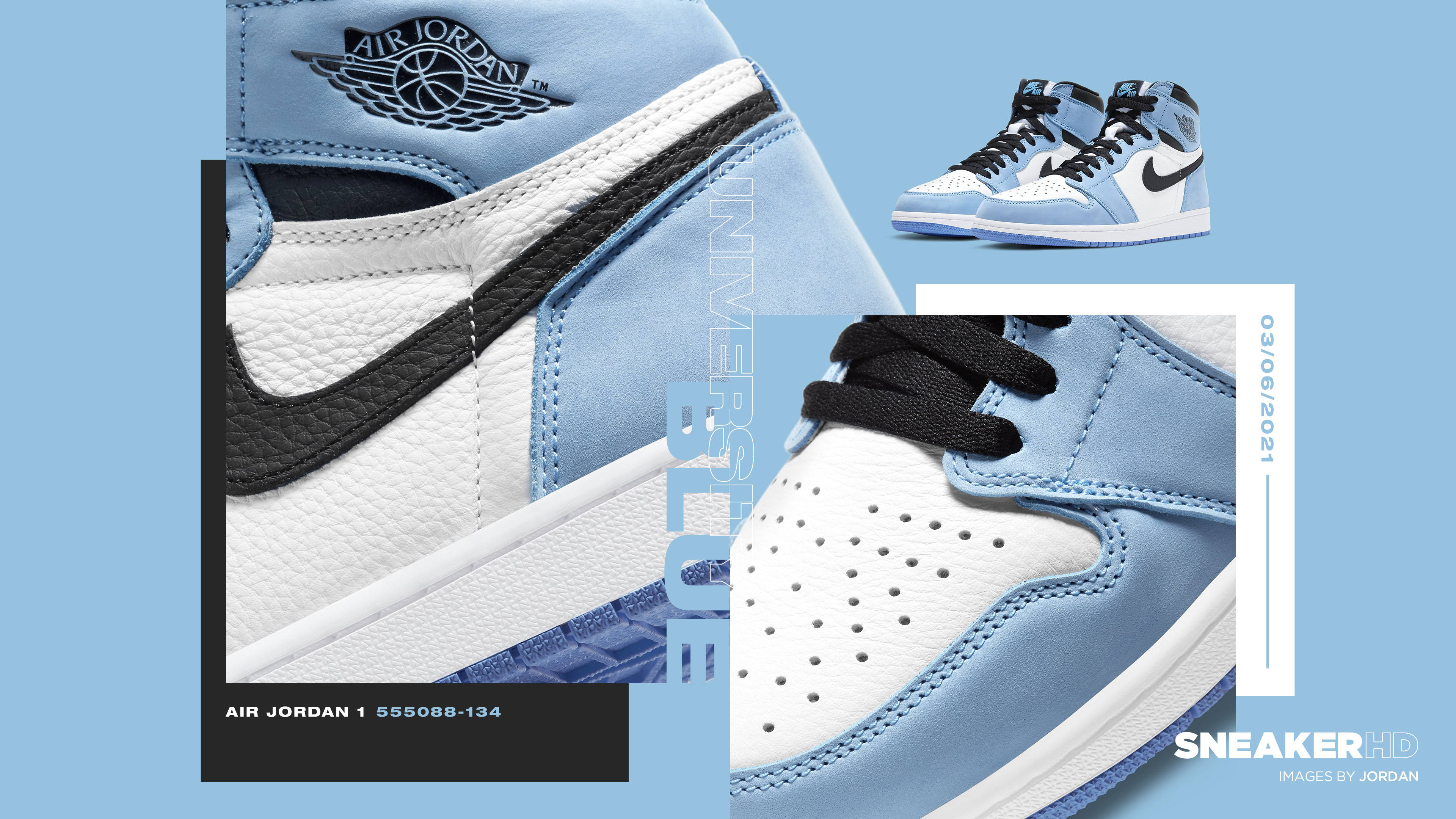 Nike Shoes 桌布 壁紙 — Air Jordan 1 運動鞋近距離拼貼，淺藍、白色和黑色，細節紋理及品牌標誌。