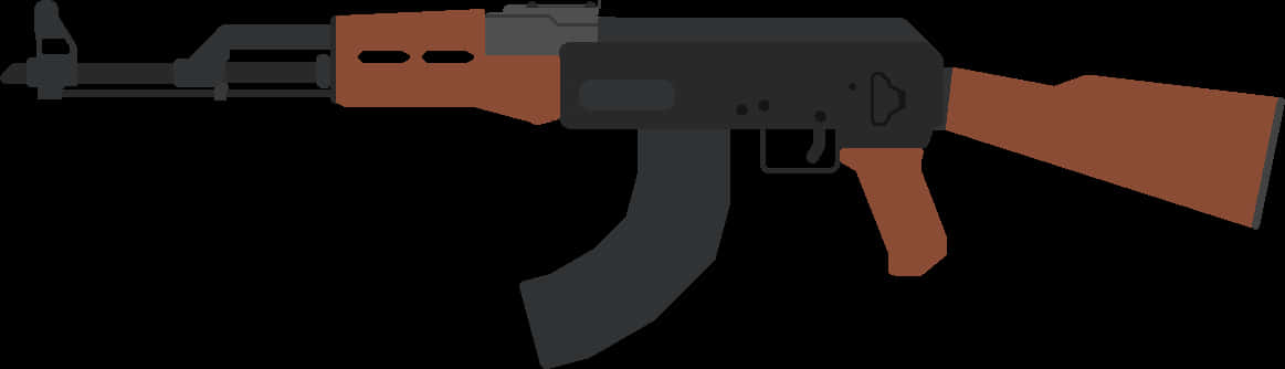 Weapons 桌布 壁紙 — AK-47步槍的平面向量插圖，帶有黑色金屬和棕色木質槍托，背景為純黑色。