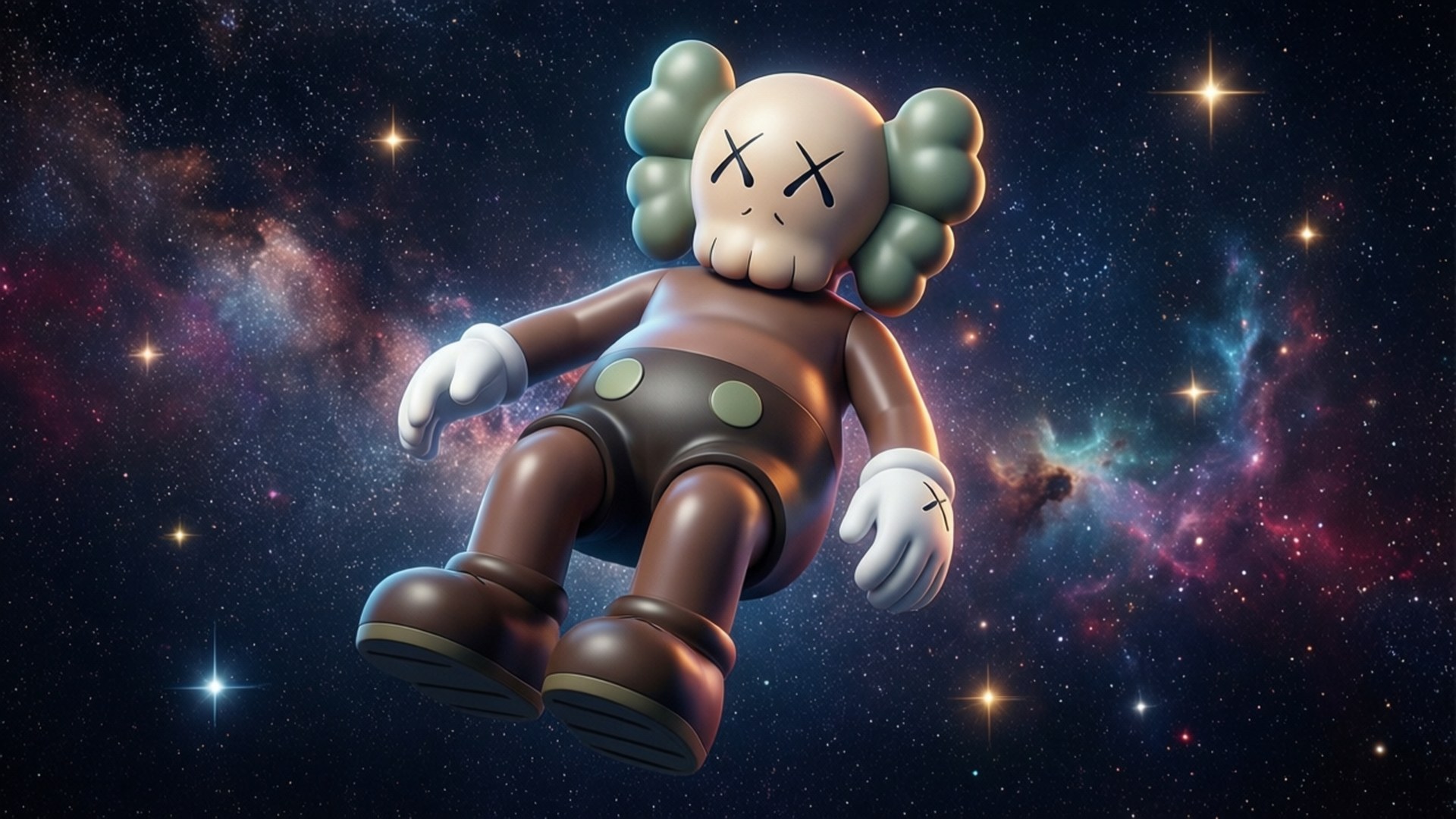 Cosmic BFF 壁紙 — AKA kaws 人偶在充滿閃爍星星和旋轉紫藍色雲朵的鮮豔宇宙星雲中平靜漂浮。