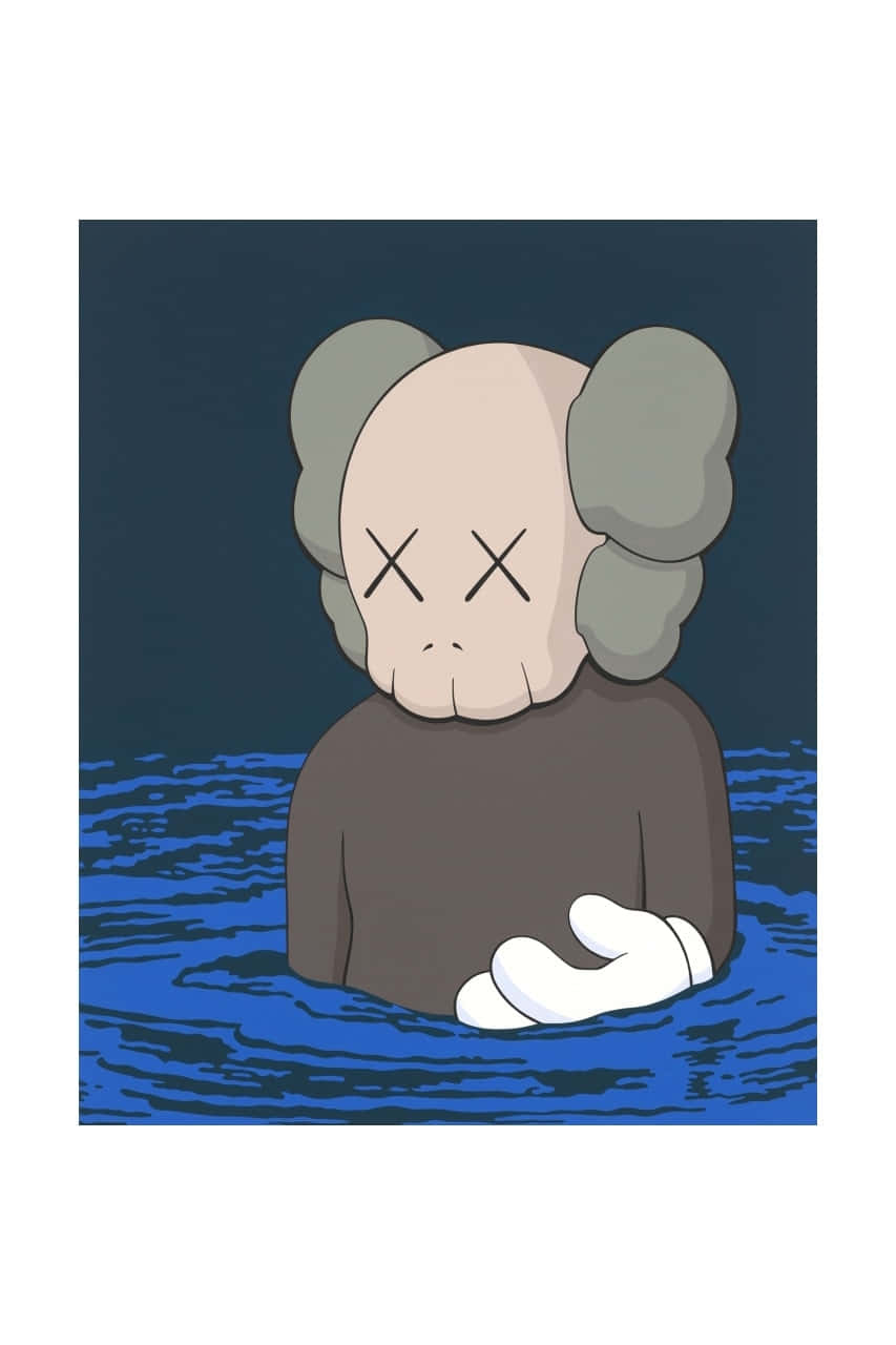  壁紙 — AKA kaws 角色，帶有 X 眼睛和灰色頭髮，浸在藍色水中，穿著棕色襯衫