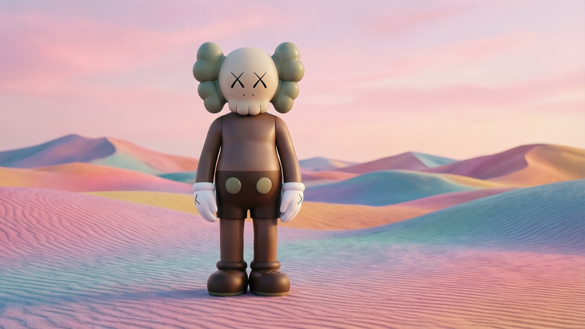 Pastel Desert BFF 壁紙 — AKA kaws 人偶獨自站在超現實的沙漠中，周圍是粉彩粉紅、藍色和橙色的沙丘，在柔和的暮色天空下。