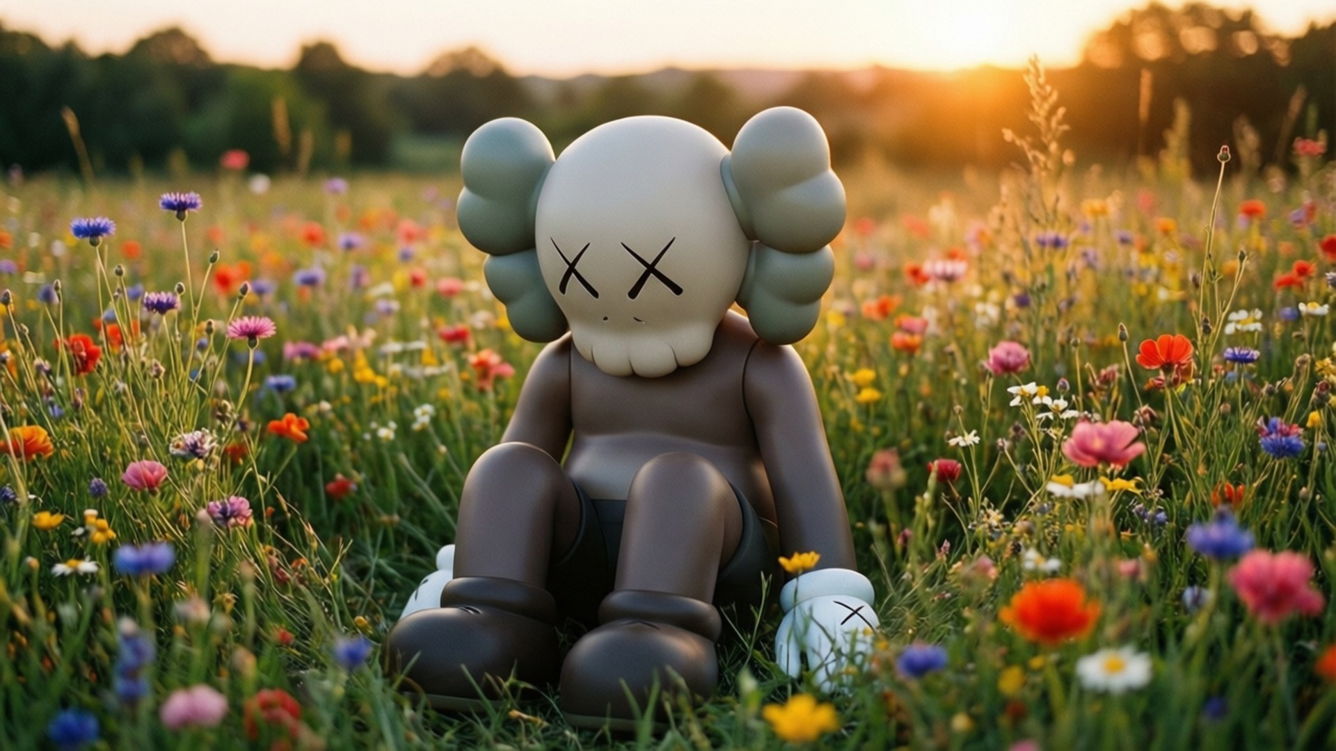 BFF in the Meadow 壁紙 — AKA kaws 乙烯基公仔盤腿坐在陽光明媚、開滿五顏六色野花的草地上。