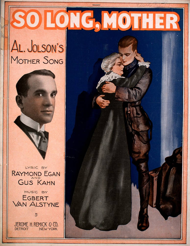 高清 桌布 壁紙 — Al Jolson 的《So Long Mother》復古樂譜封面，以深藍色背景為襯托，展現男女之間的溫柔擁抱。