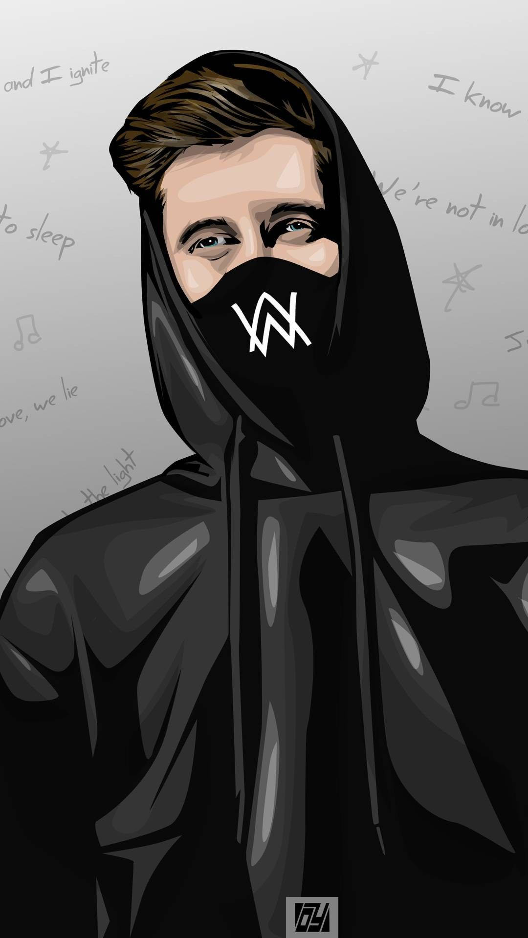 人像動態 桌布 壁紙 — Alan Walker 的風格化數位肖像，身穿黑色連帽衫，臉部部分被帶有其標誌的面具遮蓋。