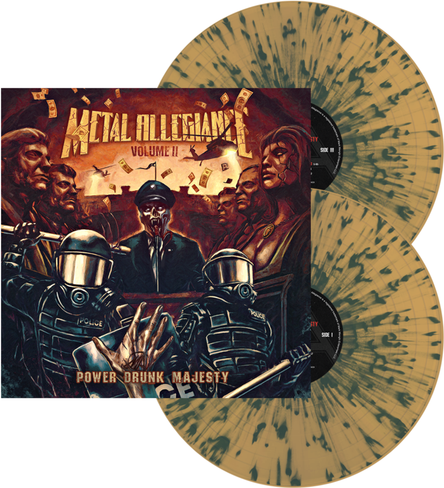 醉意朦朧 桌布 壁紙 — Metal Allegiance Volume II 的專輯封面藝術展示了一幅粗糙的插圖，描繪了警察和人物在火焰背景中飄落的金錢中。
