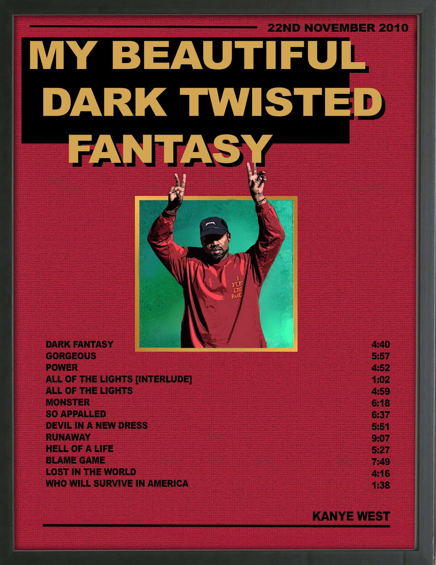  壁紙 — Kanye West《My Beautiful Dark Twisted Fantasy》專輯封面，大膽紅色背景、金色文字，藝術家穿著紅色連帽衫在綠色背景前擺姿勢。