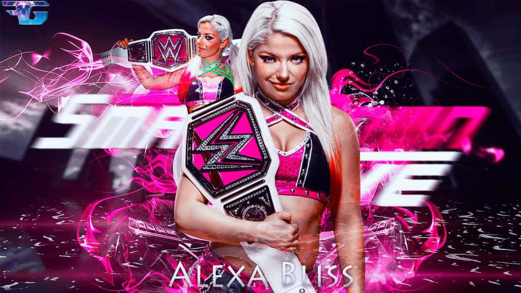 Woman 桌布 壁紙 — Alexa Bliss 在深色背景前手持一條帶有電光粉紅能量漩渦的粉紅與黑色WWE冠軍腰帶。
