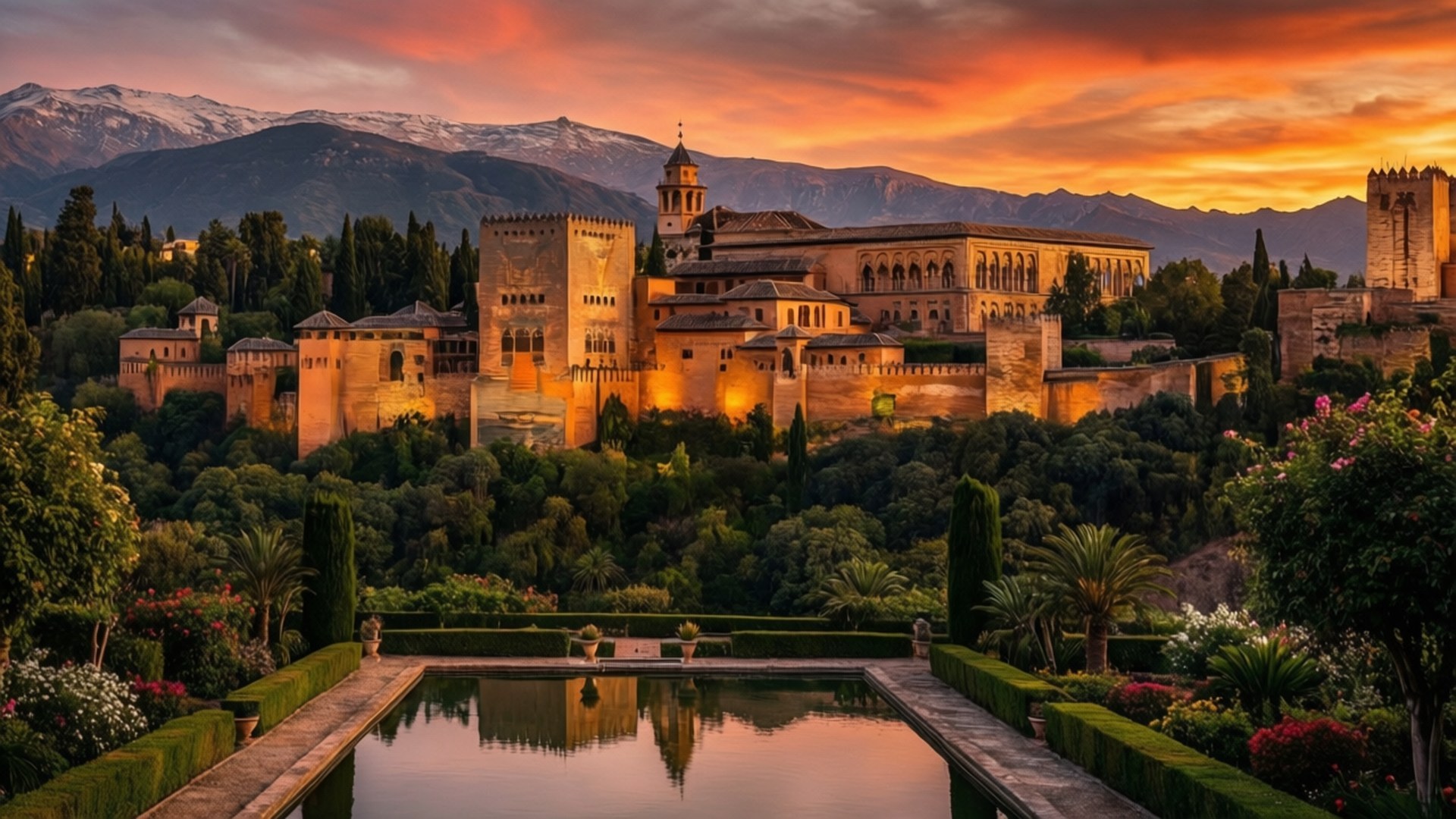 Alhambra Sunset Splendor 壁紙 — 阿爾罕布拉宮在日落時溫暖地發光，倒映在寧靜的池塘中，周圍環繞著茂盛的花園和白雪覆蓋的山脈。