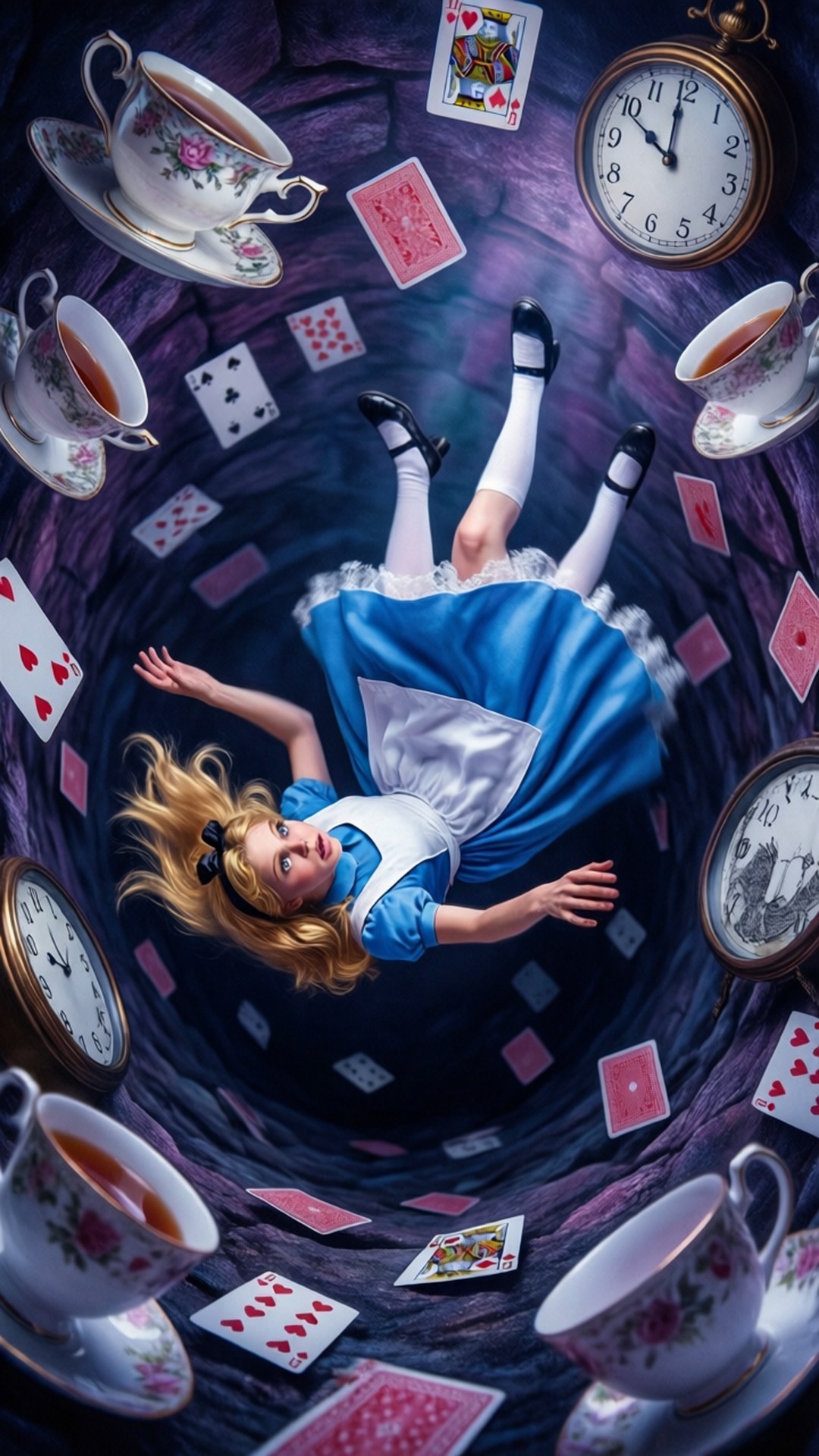 Down the Rabbit Hole 壁紙 — 愛麗絲夢遊仙境在深紫色背景下，倒掛在茶杯、時鐘和撲克牌旋轉的漩渦中。