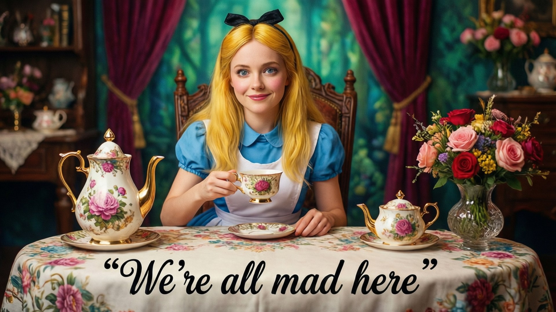 We're All Mad Here 壁紙 — 愛麗絲夢遊仙境坐在花卉桌旁，手持茶杯，旁邊有茶壺和玫瑰花瓶。