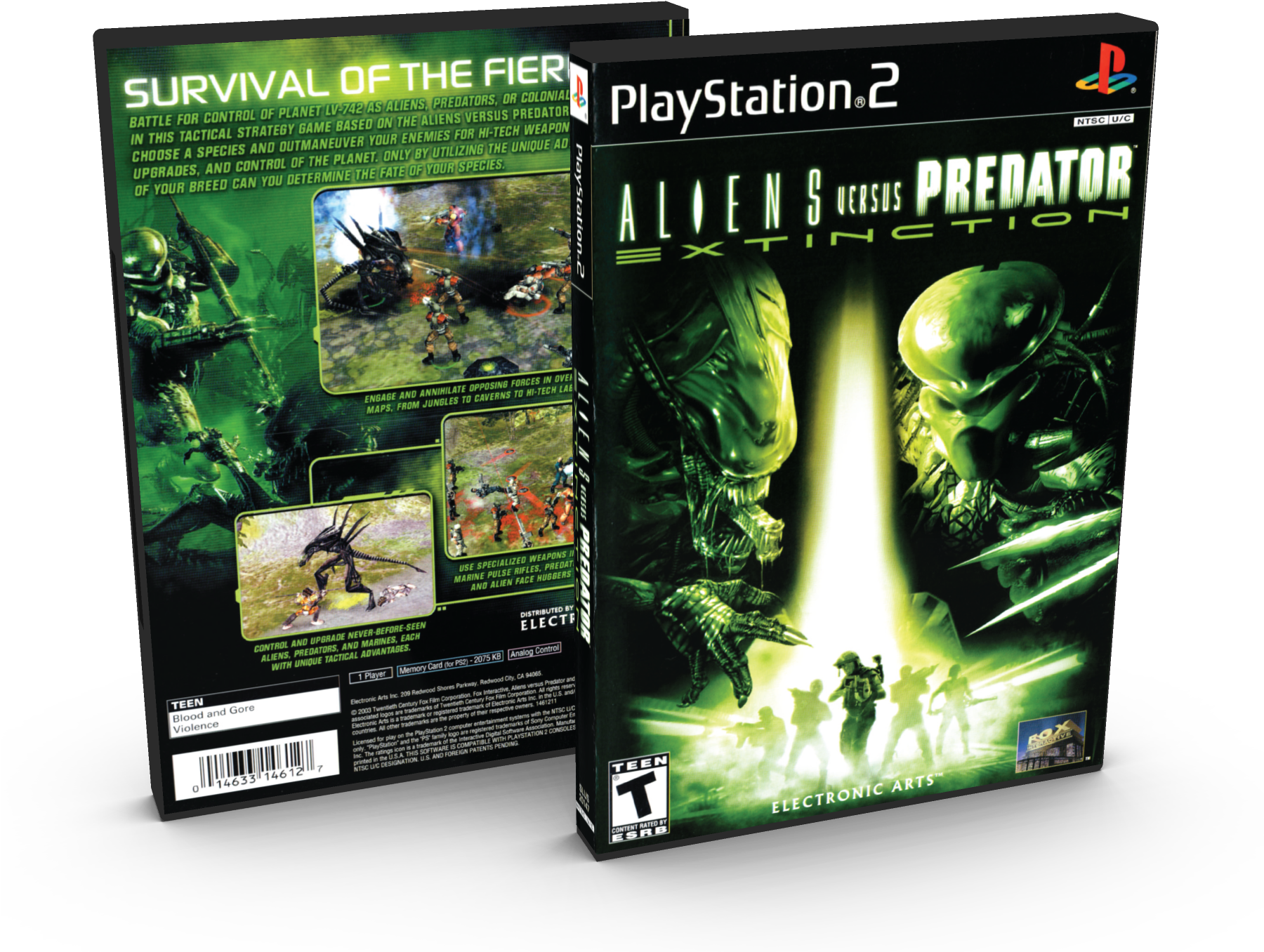 雨林 桌布 壁紙 — 《Aliens versus Predator Extinction》遊戲盒展示綠色發光的外星人和士兵在戰術戰鬥場景中。