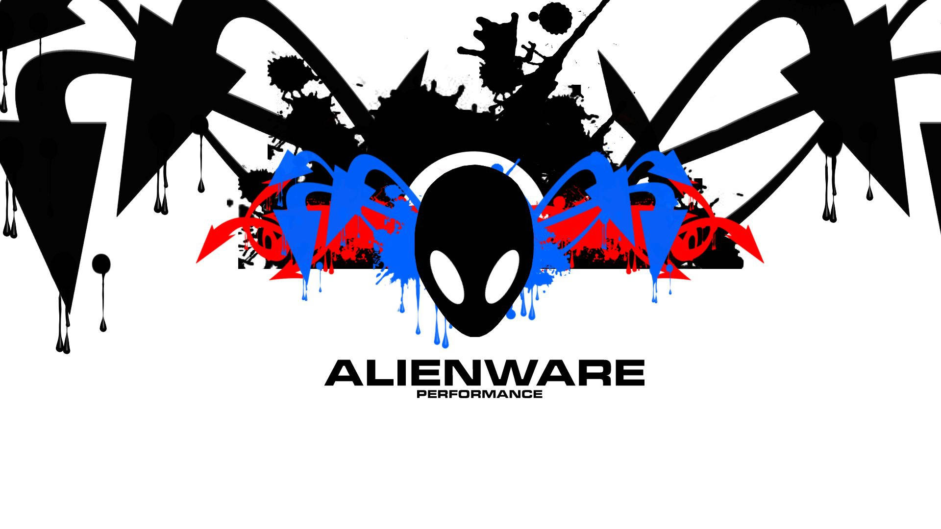 white alienware 桌布 壁紙 — Alienware 標誌，黑色外星人頭，紅色藍色潑濺塗鴉，白色背景。