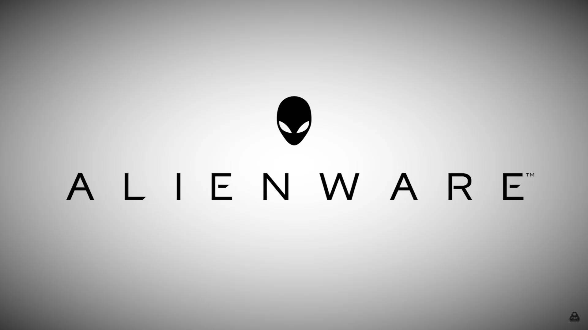 white alienware 桌布 壁紙 — Alienware 標誌，黑色外星人頭部和文字，位於漸變灰色背景上。