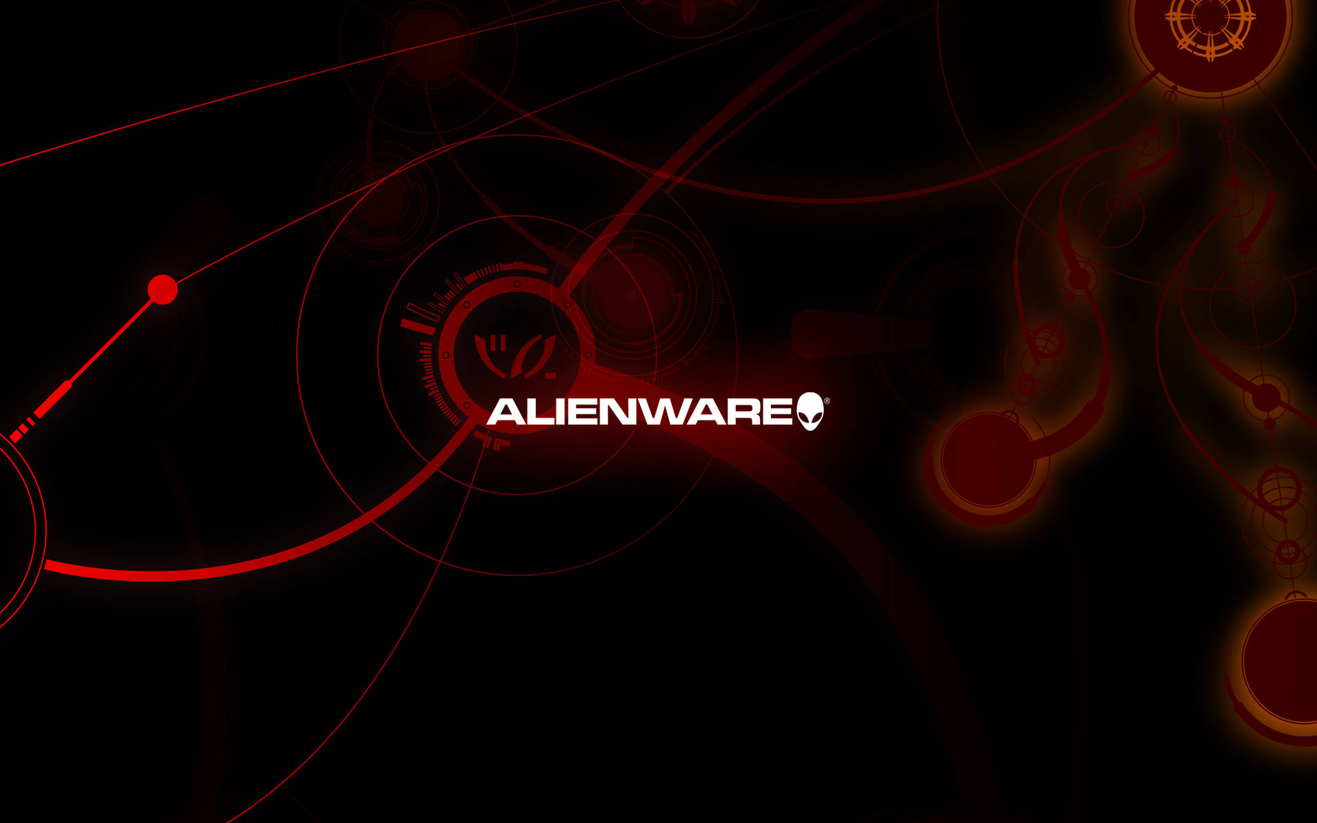 alienware default 桌布 壁紙 — Alienware 標誌在深色背景上發出白色光芒，並帶有發光的紅色電路狀線條和圓形節點。
